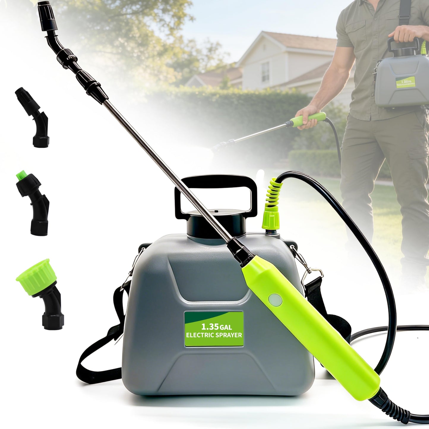 1.35 Gallon Battery Powered Sprayer, Covers 3,000 Sq Ft per Tank – Electric Sprayer with 3 Interchangeable Nozzles, Adjustable Shoulder Strap for Lawn, Garden, Weed Control – Gray