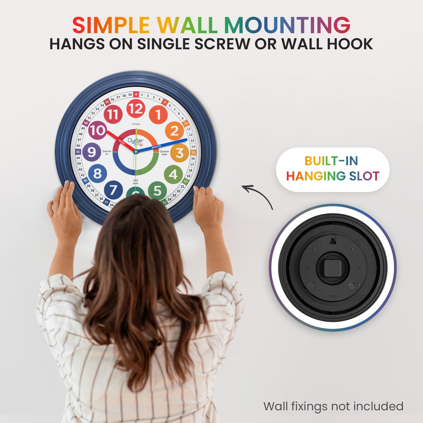 Oyster&Pop Extra Large 16" Kids Clock - Silent Indoor Outdoor Weatherproof Analog Wall Clock - Learning Clock for Kids - Classrooms Homeschool & Patio - Includes How to Tell Time eBook