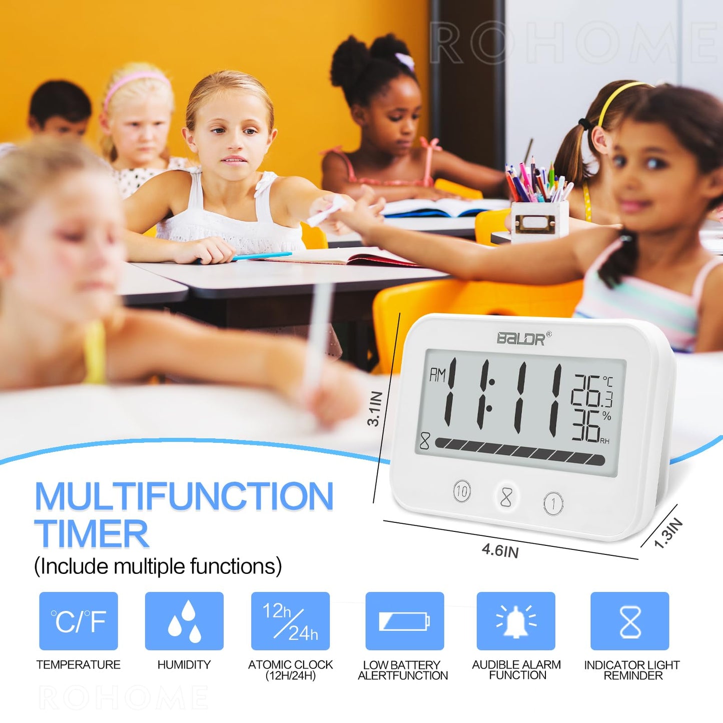 Rohome Waterproof Wall Hanging Timer Bathroom Clock, Large Digital Shower Mirror Suction Clock Thermometer Hygrometer, Visual Kitchen Cooking Countdown Timer, Bath Temperature Humidity Meter (White)