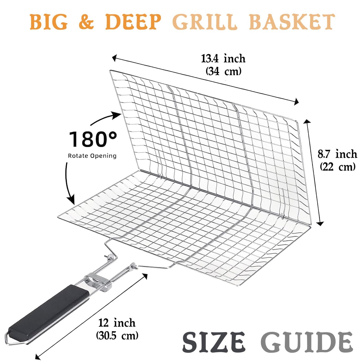 BBQ Fish Grill Basket with Basting Brush – 20.5"x13.5" Lockable Nonstick Grilling Basket with Beech Wood Handle, Chrome-Plated Carbon Steel Mesh for Fish, Meat, Vegetables