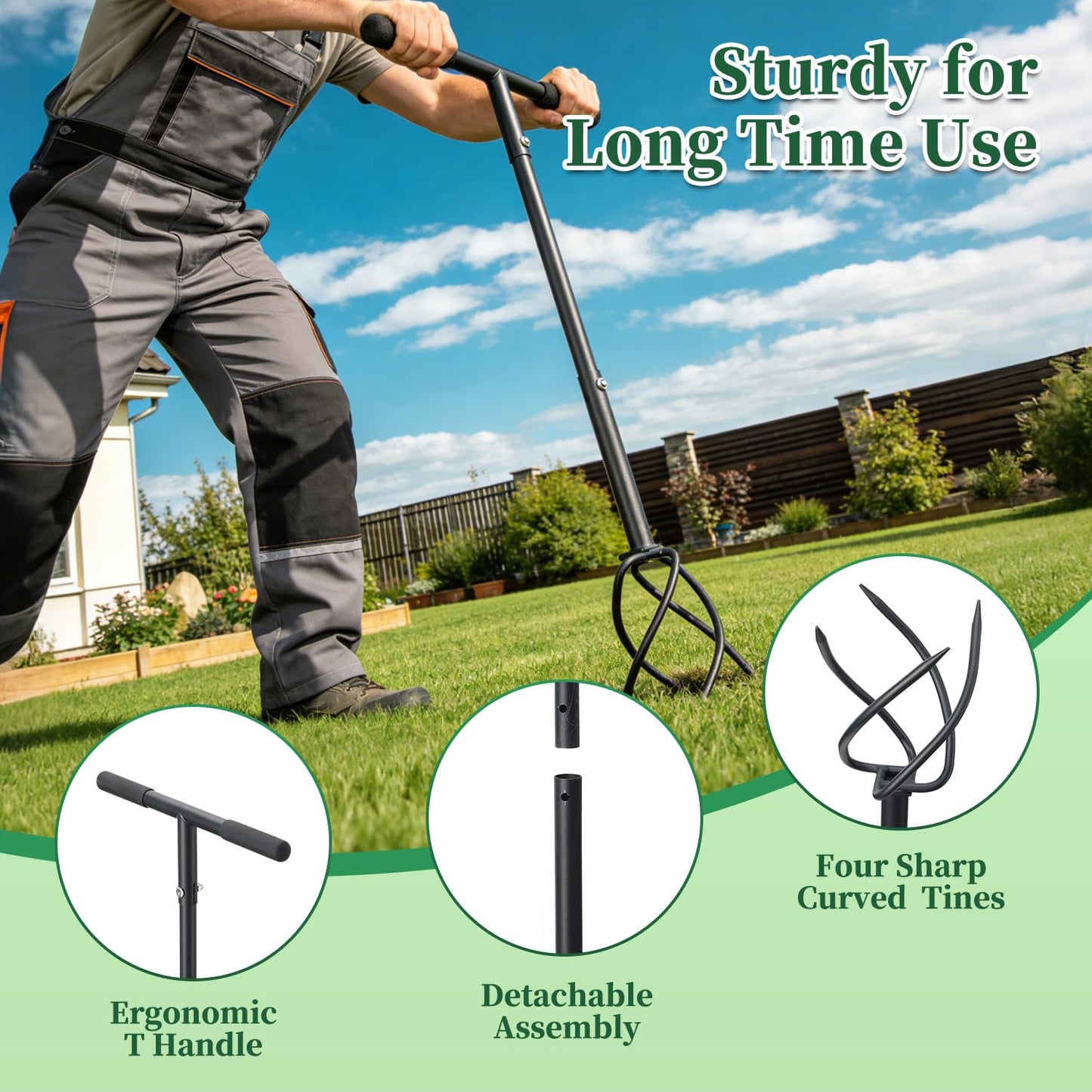 BeBecome Hand Tiller for Gardening, Manual Garden Claw Cultivator with 4 Sharp Curved Steel Tines, Twist Tiller Soil Loosener, Rotary Handheld Tiller for Yard Lawn Weeding