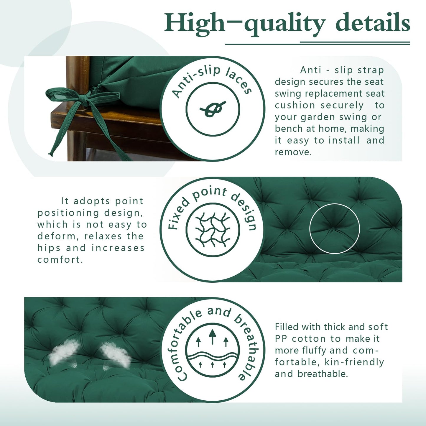 Durable Extra 5" Thick Outdoor Swing Cushions 3 Seater Waterproof Replacement Porch Swing Cushions with Backrest and Ties Fade-Resistant for Outdoor Patio Long Bench Furniture(Dark Green 60×40×5")