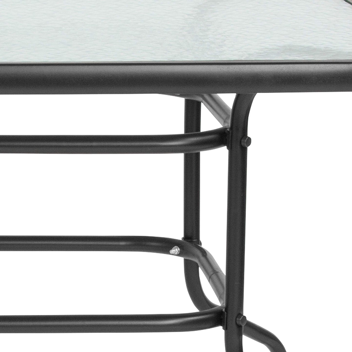 Flash Furniture Tory 31.5" x 55" Rectangular Tempered Glass Metal Patio Table with Umbrella Hole, Modern Rippled Glass Outdoor Dining Table, Black