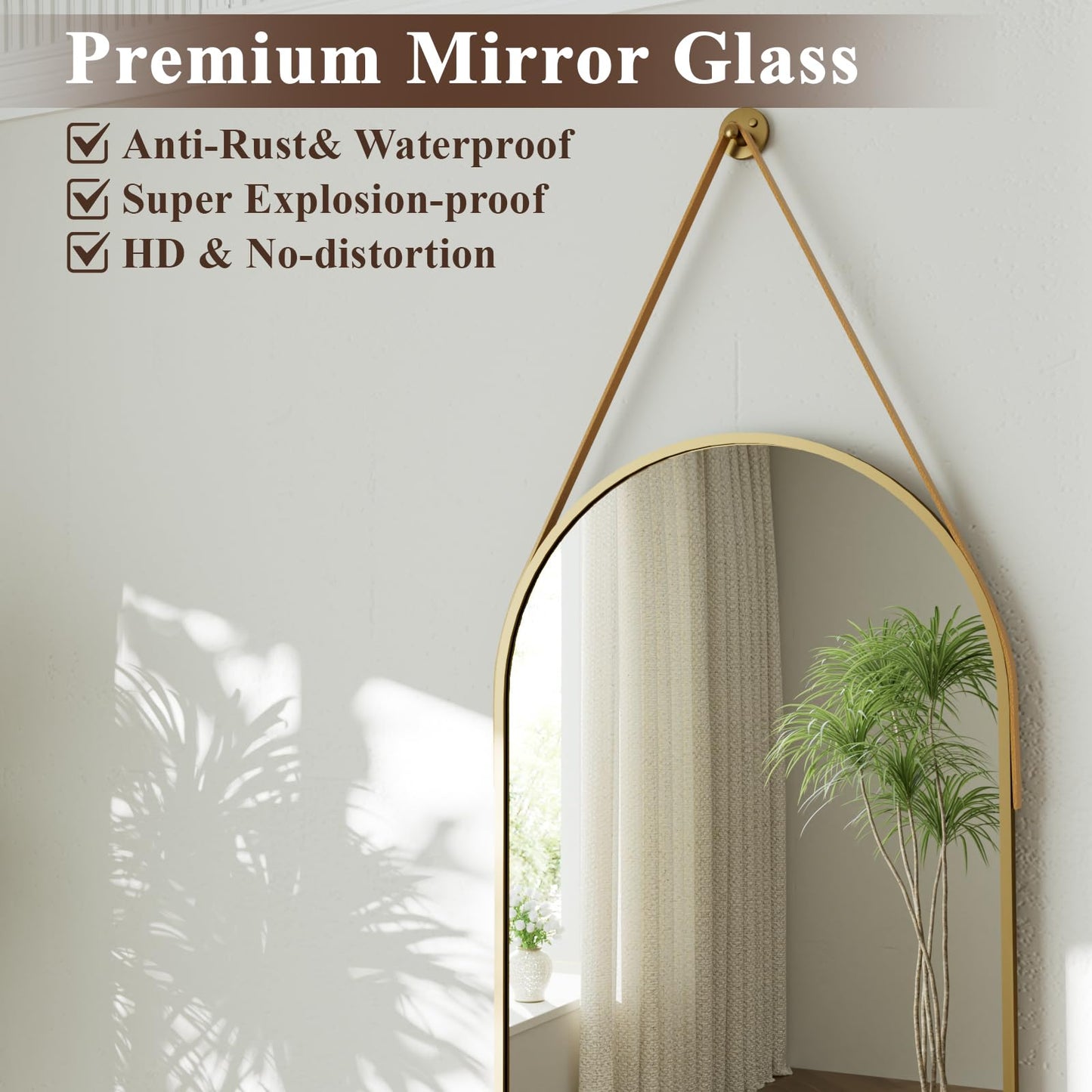Easly 16''x48'' Arched Full Length Mirror, Hanging Mirror for Wall with Leather Strap, High-Definition Aluminum Alloy Frame for Bathroom Bedroom Entryway Decor, Gold