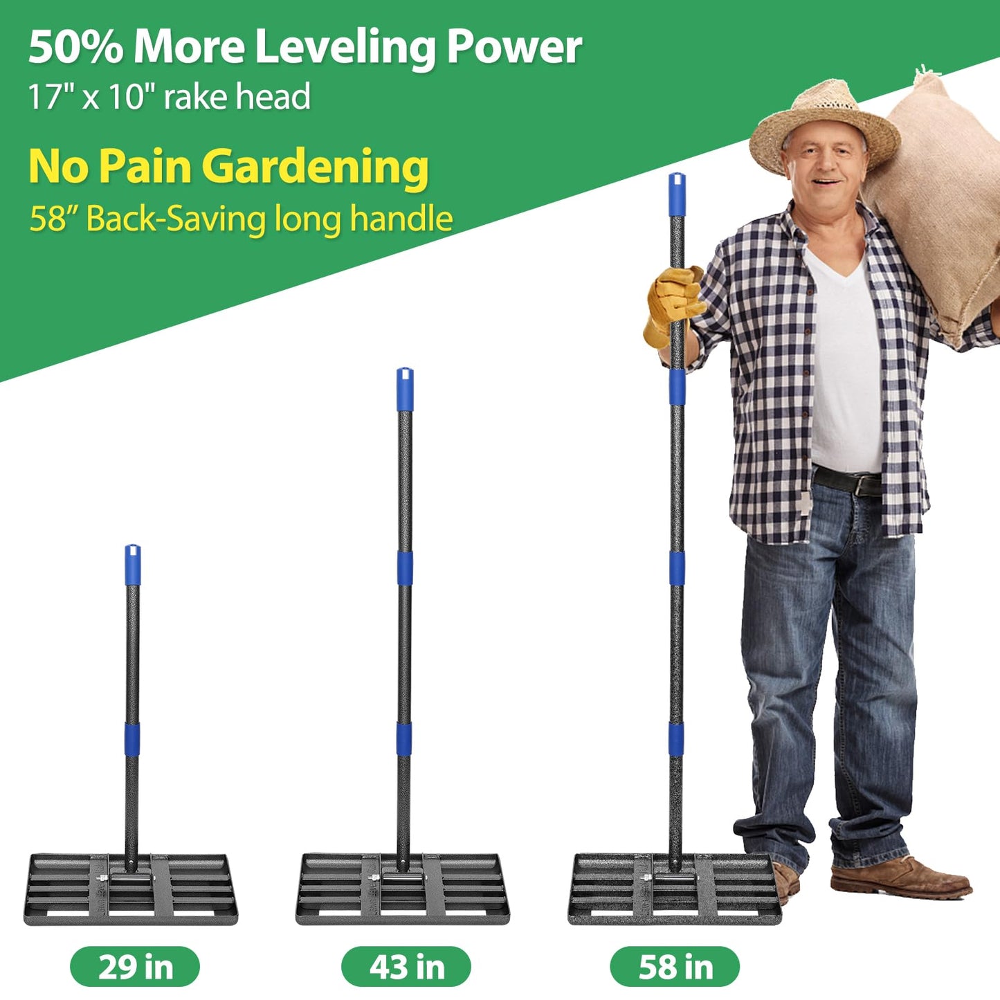 Lawn Leveling Rake, Heavy Duty Lawn Leveler with 17" x 10" Rakes Head Plate No Flipping, Smooth Garss Topsoil Dirt Sand, Metal Ground Leveling Tool with 5 ft Long Handle for Yard Garden Golf Course