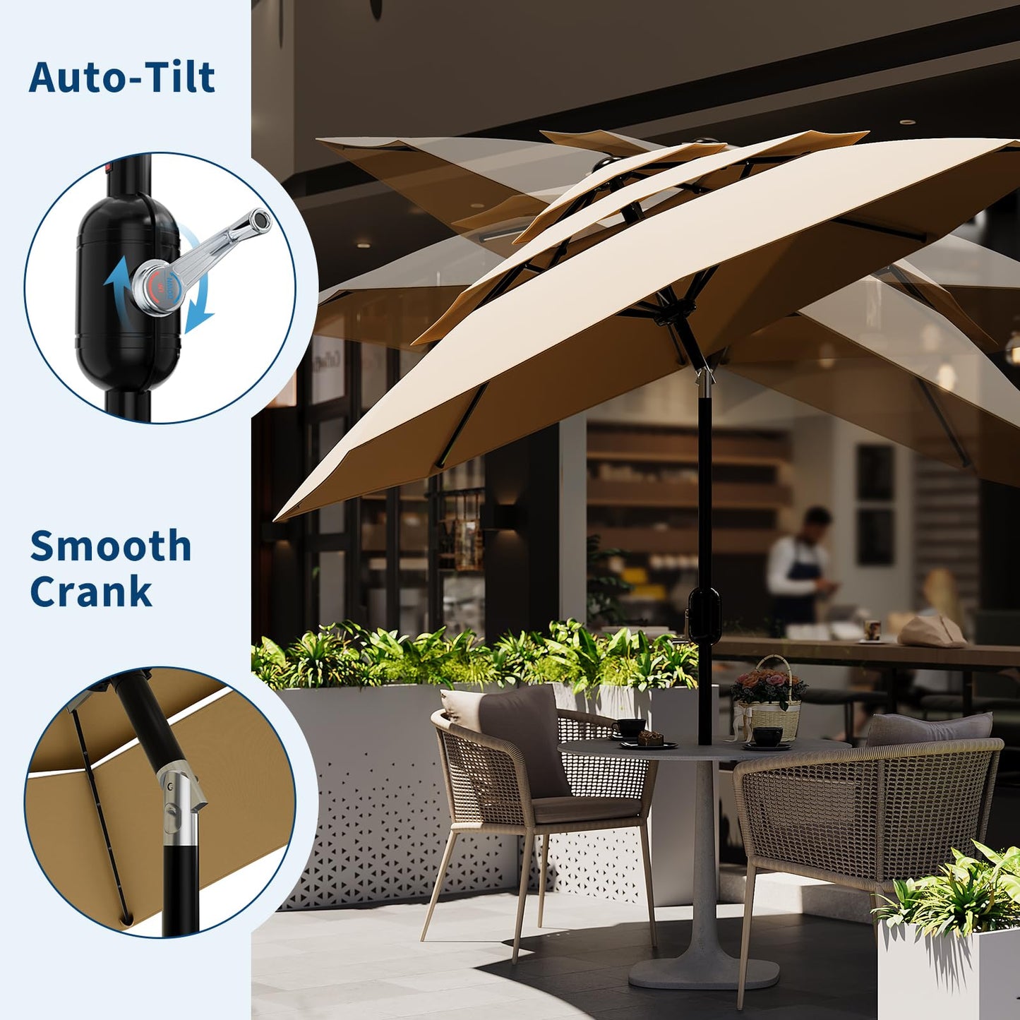 Garvee 10Ft 3-Tier Patio Umbrella, Outdoor Table Umbrella with Vents, Easy Crank and Push Button Tilt, Market Umbrella with 8 Sturdy Ribs for Pool, Deck, Yard, Garden -Tan
