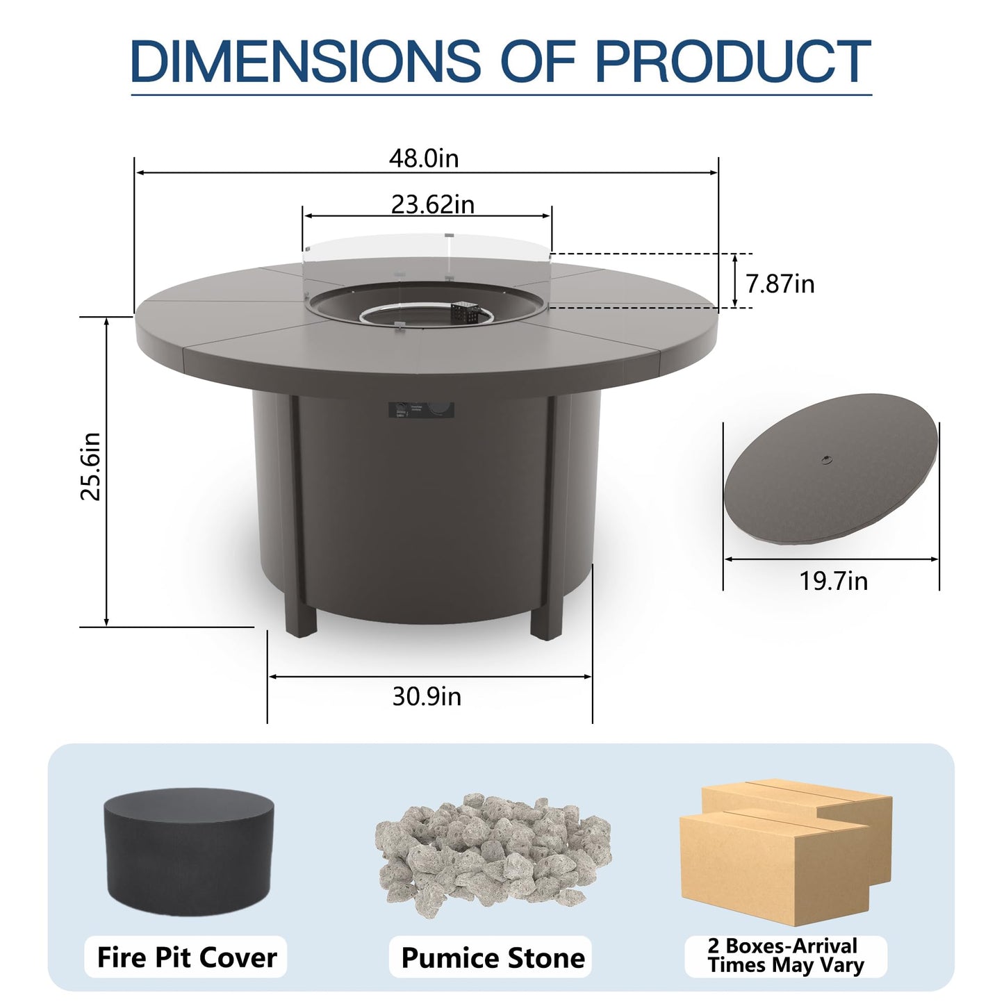 RTDTD 48" Round Propane Fire Pit Table,55000 BTU Round Firepit,Outdoor Fire Pit with Fire Glass,Lid,Waterproof Cover and Blue Glass Stone for Backyard,Garden,Patio