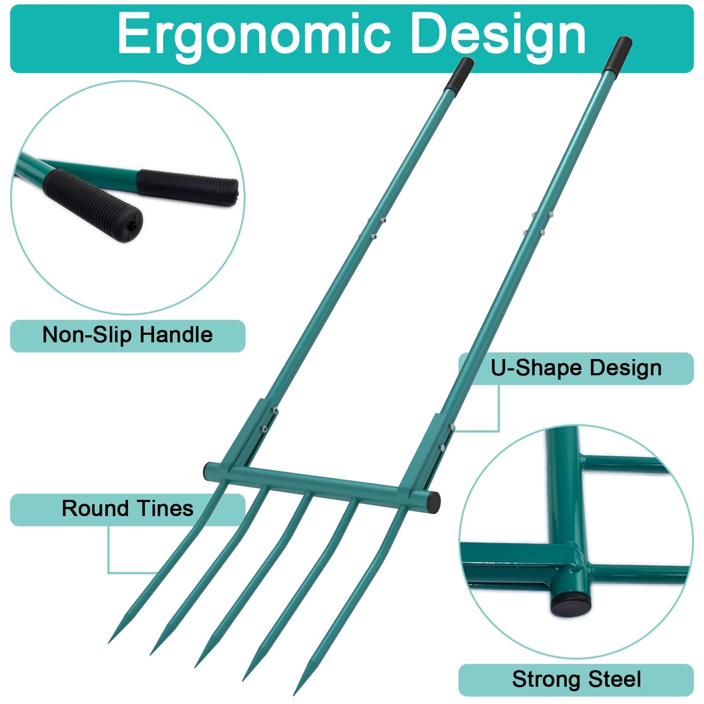 Broadfork Garden Tool Heavy Duty 5 Tines 20 in Wide Broad Fork for Gardening, 55 inch Ergonomic U-Shaped Design Hand Tiller for Cultivating, Aerate Clay Soil for Farm