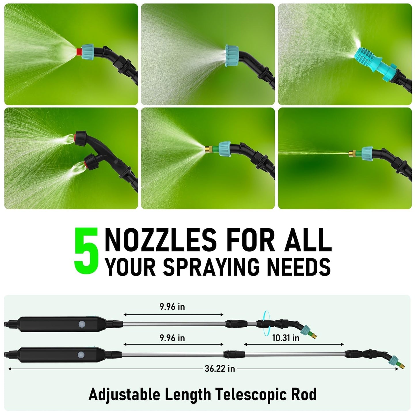 VASG 2 Gallon Battery Powered Garden Sprayer, Powerful Electric Pump Sprayer, Weed Sprayer with USB Rechargeable Handle, 5 Mist Nozzles, Retractable Wand, Adjustable Strap for Lawn, Garden, Yard