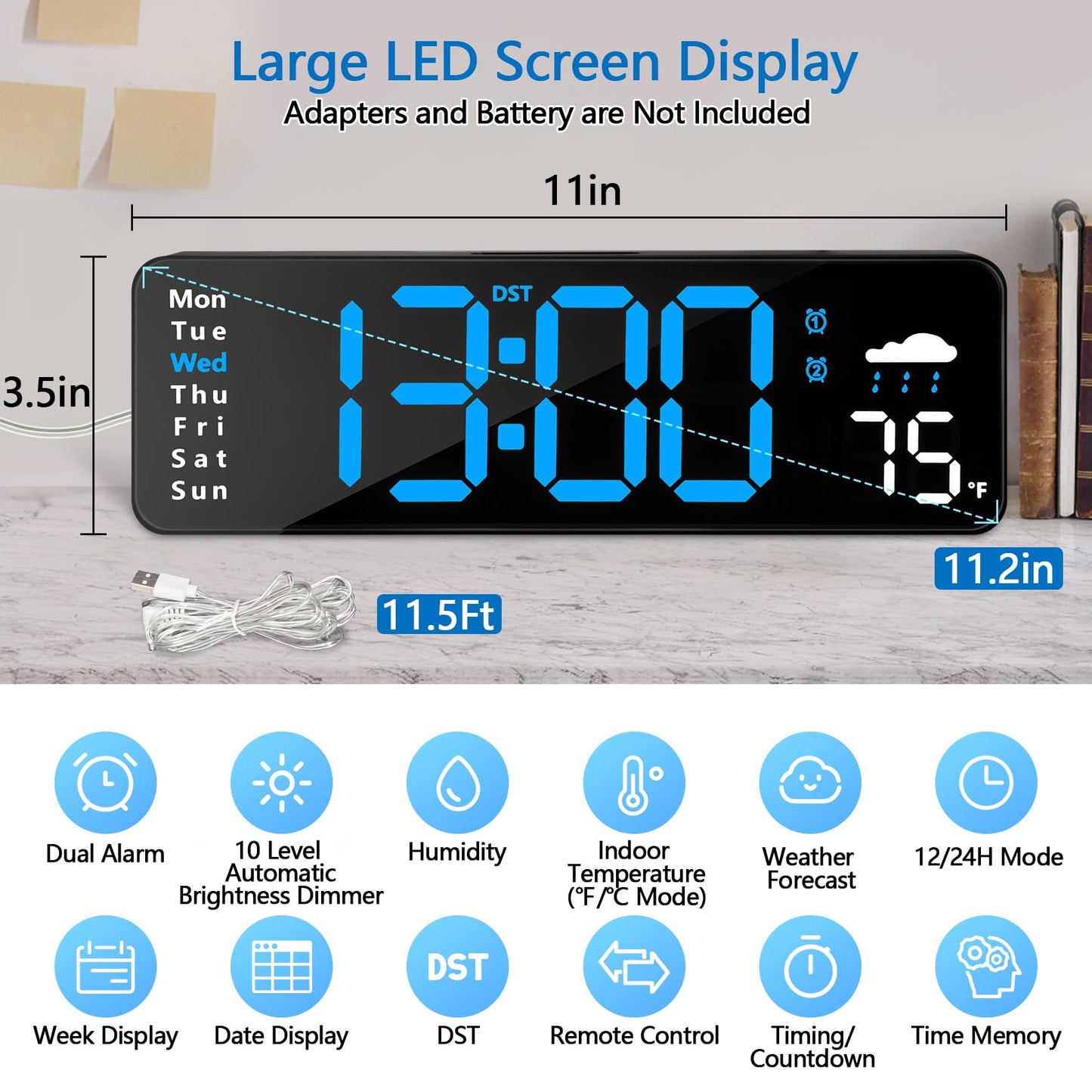 Digital Wall Clock with Remote Control, Large Display Plug in LED Digital Alarm Clocks with 12/24Hr, Date, Week, DST, Timing, Countdown, Temperature for Living Room, Bedroom, Office Wall Decor (Blue)