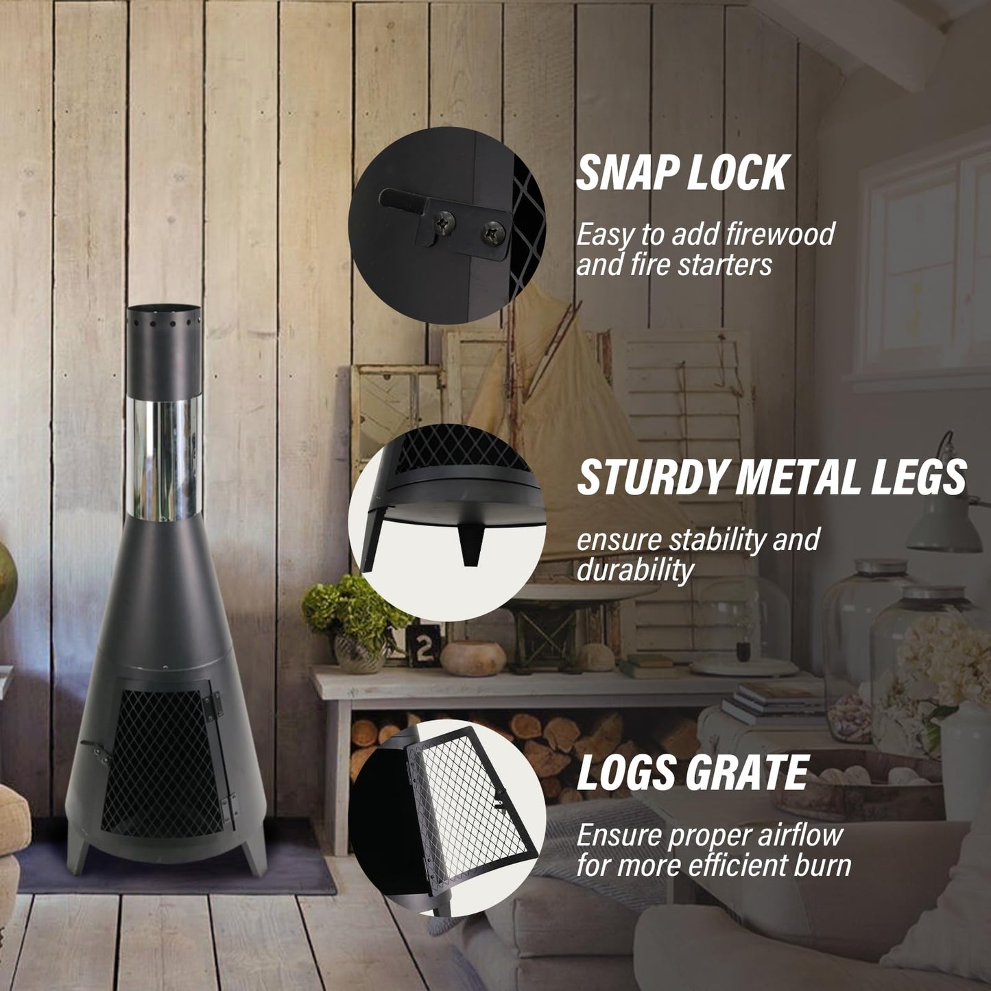 ptlsy 43inch Tall Outdoor Fireplace Chiminea Wood Burning Fire Pit & Rotating Barbecue Charcoal Grill with Rotisserie Meat Forks & 6-Piece Skewer Set for Outdoor Cooking Camping Hiking Picnics Tailgat