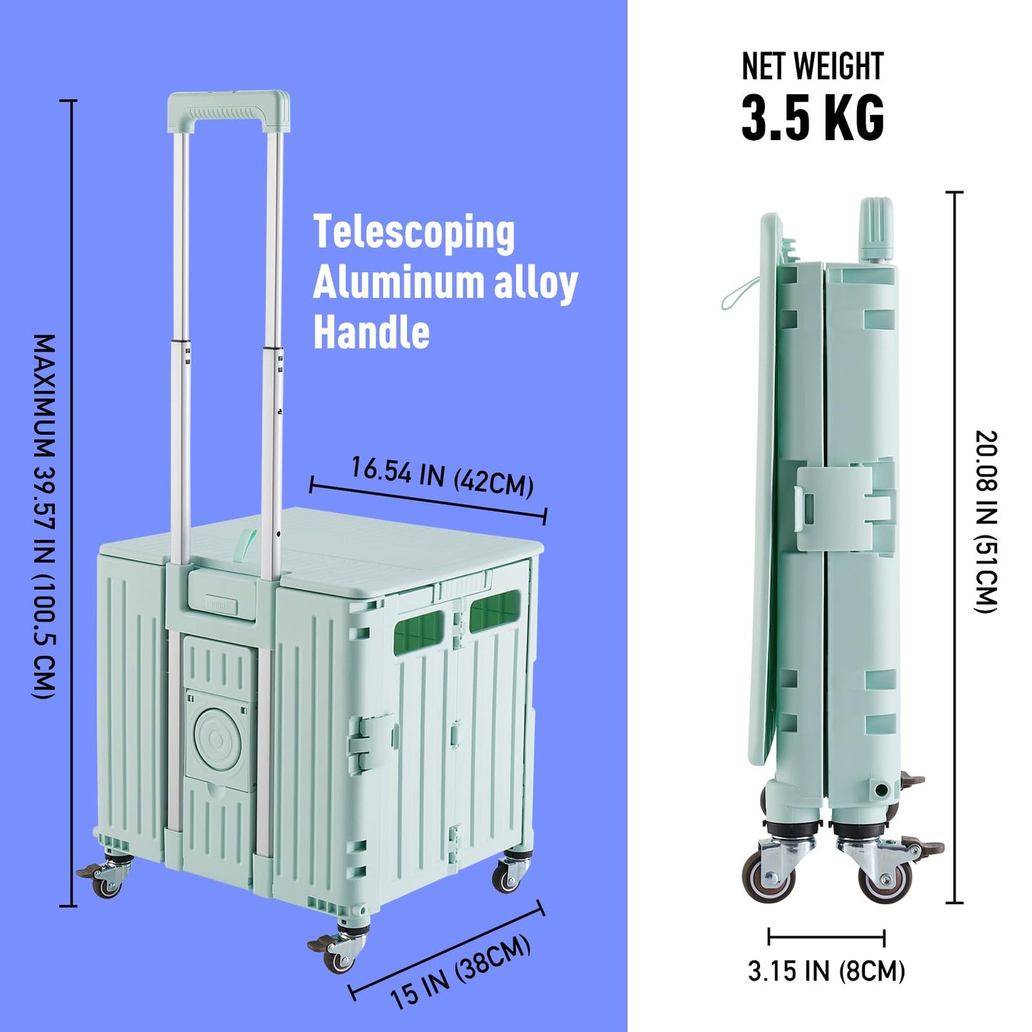 Folding Utility Cart Portable Rolling Crate Handcart Shopping Trolley Collapsible Tool Box, with Lid, on 4 Rotate Wheels, for Grocery, Shopping, Office, Camp, Teacher (Green)