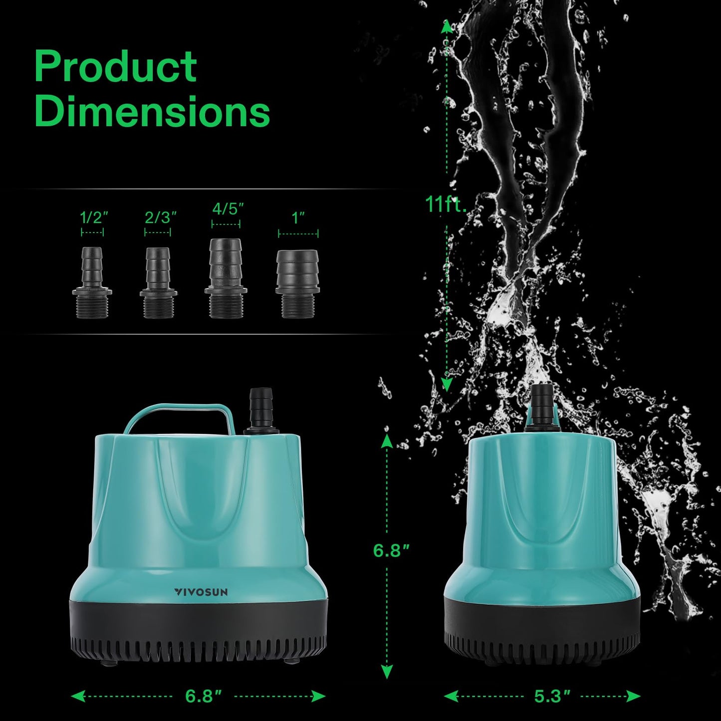 VIVOSUN 1150GPH 100W Submersible Pump for Fish Tank, Pond, Aquarium, Hydroponic Systems with 5ft Power Cord and 4 Nozzles Blue
