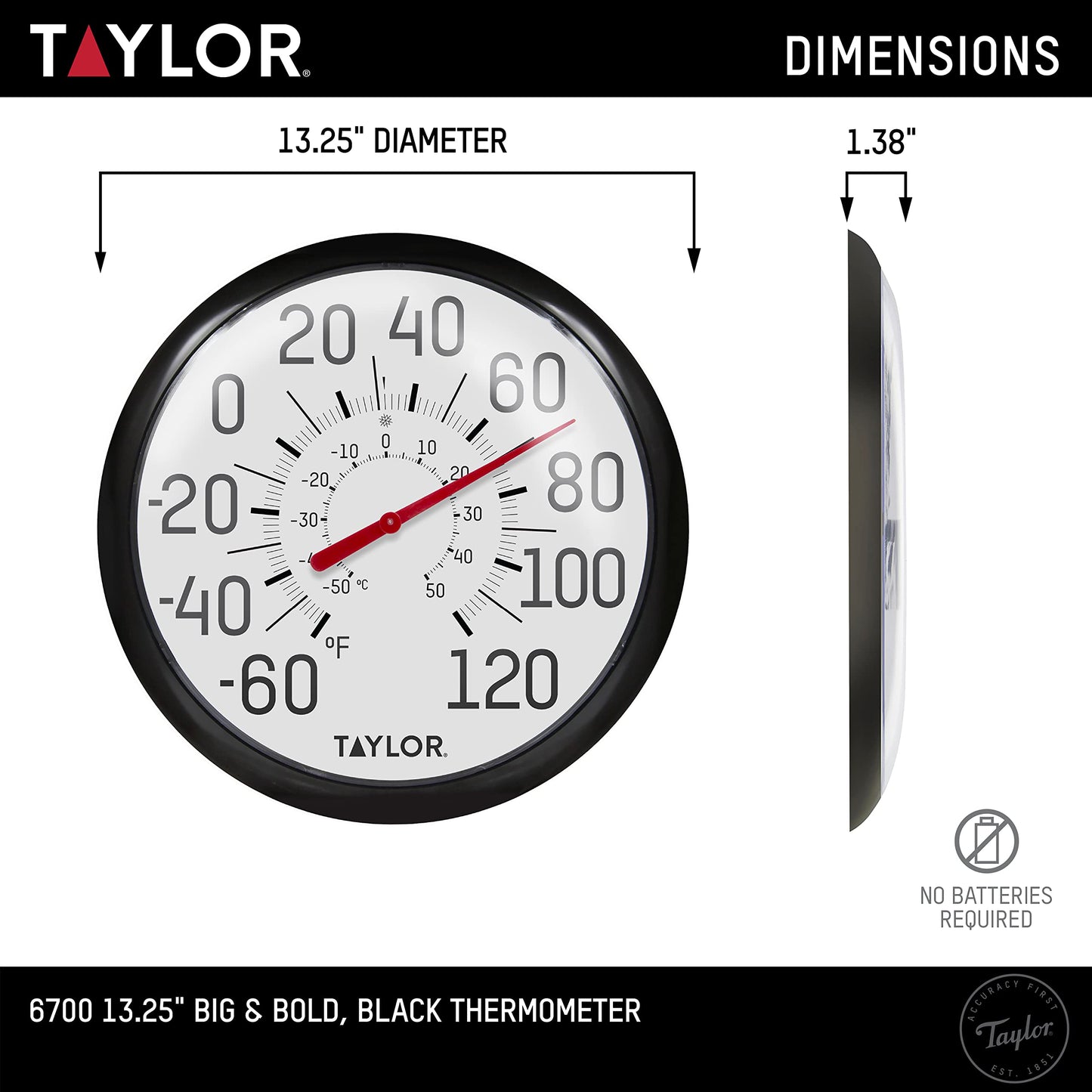 Taylor Big and Bold Wall Thermometer, Indoor Outdoor Thermometer, Wireless Thermometer with Easy to Read Numbers for Patio, Pool, and Indoor Areas, 13.25-inch, Black