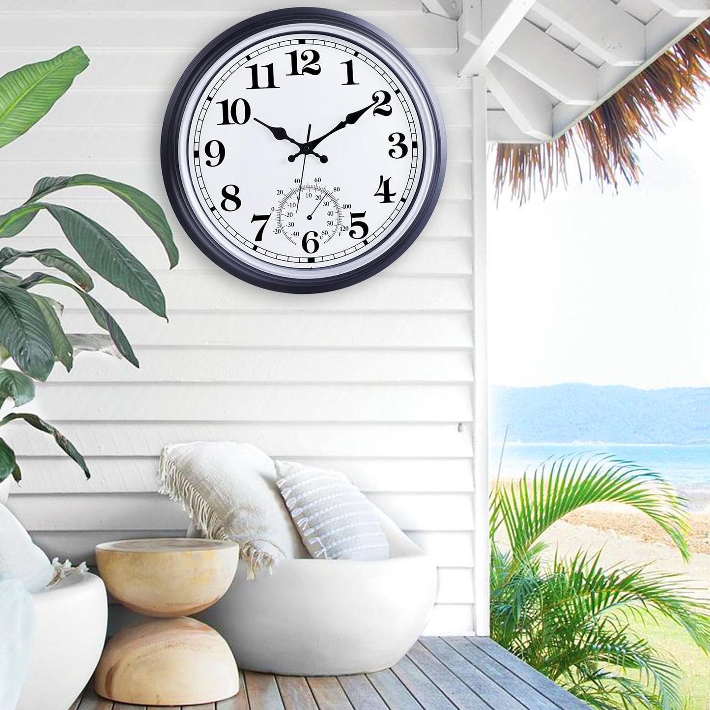 16 Inch Large Outdoor Clock, Retro Waterproof Indoor/Outdoor Clock Non-Ticking Clock with Thermometer, Battery Operated Wall Clock for Patio, Garden, Pool - Black