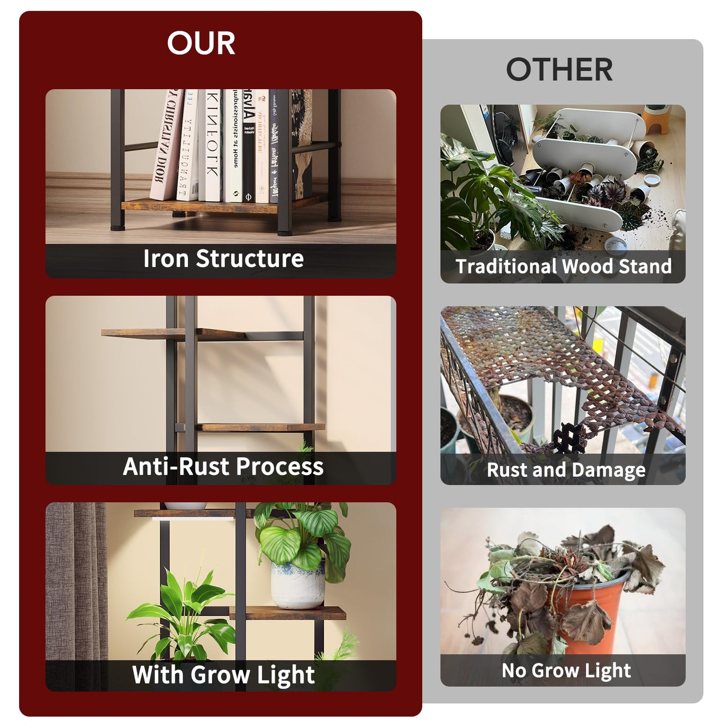 Plant Stand Indoor with Grow Light, 6-Tiered Tall Plant Stand Indoor, Metal Plant Shelf with Bookshelf Bookcase and Adjustable Light, Ideal for Living Room, Reading room, Garden, Patio (Brown)