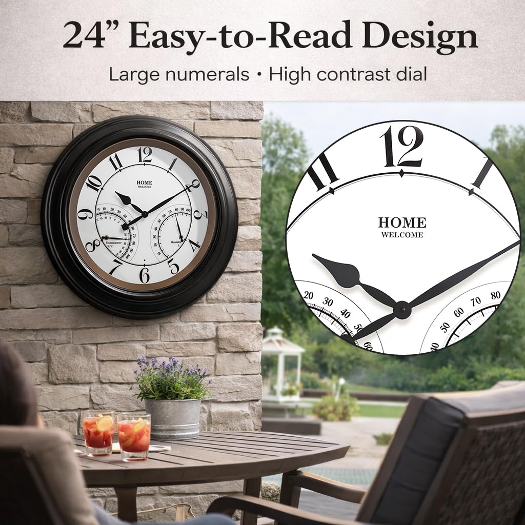 Pytha Sight 24 Inch Outdoor Clocks Waterproof, Large Easy-to-Read Illuminated Outdoor Wall Clock with Smart Light Sensor, Silent Large Outdoor Clock for Patio, Pool,Porch,Garden,Backyard