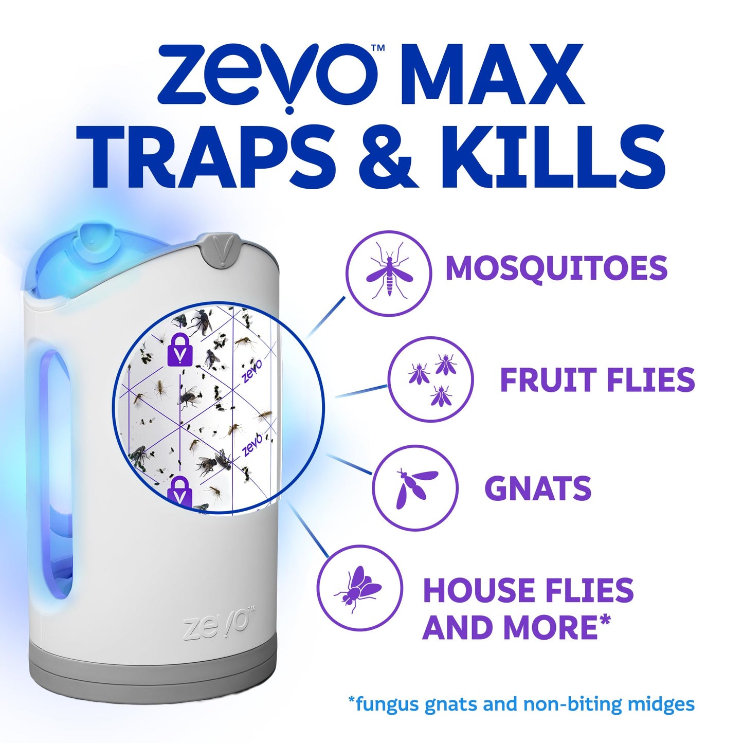Zevo MAX Bug Catcher & Fly Trap for Indoors - Flying Insect Trap for Gnats, House & Fruit Flies - Use in Any Room - No-Mess Disposal (1 Plug in Base & 2 Cartridges)