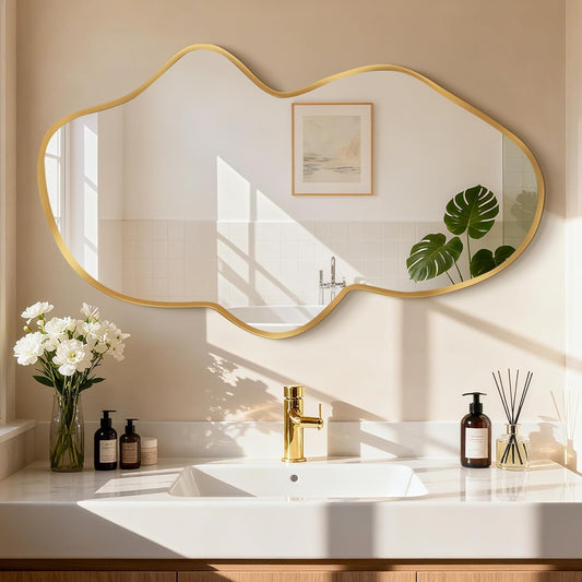 Fahomiss Irregular Wall Mirror, Gold Bathroom Wavy Abstract Mirror for Over Sink, Decorative Cloud-Shaped Wall Mirror, Stylish Shatter-Proof HD Mirror for Bedroom, Entryway (22"x36", S, 1 Pack)