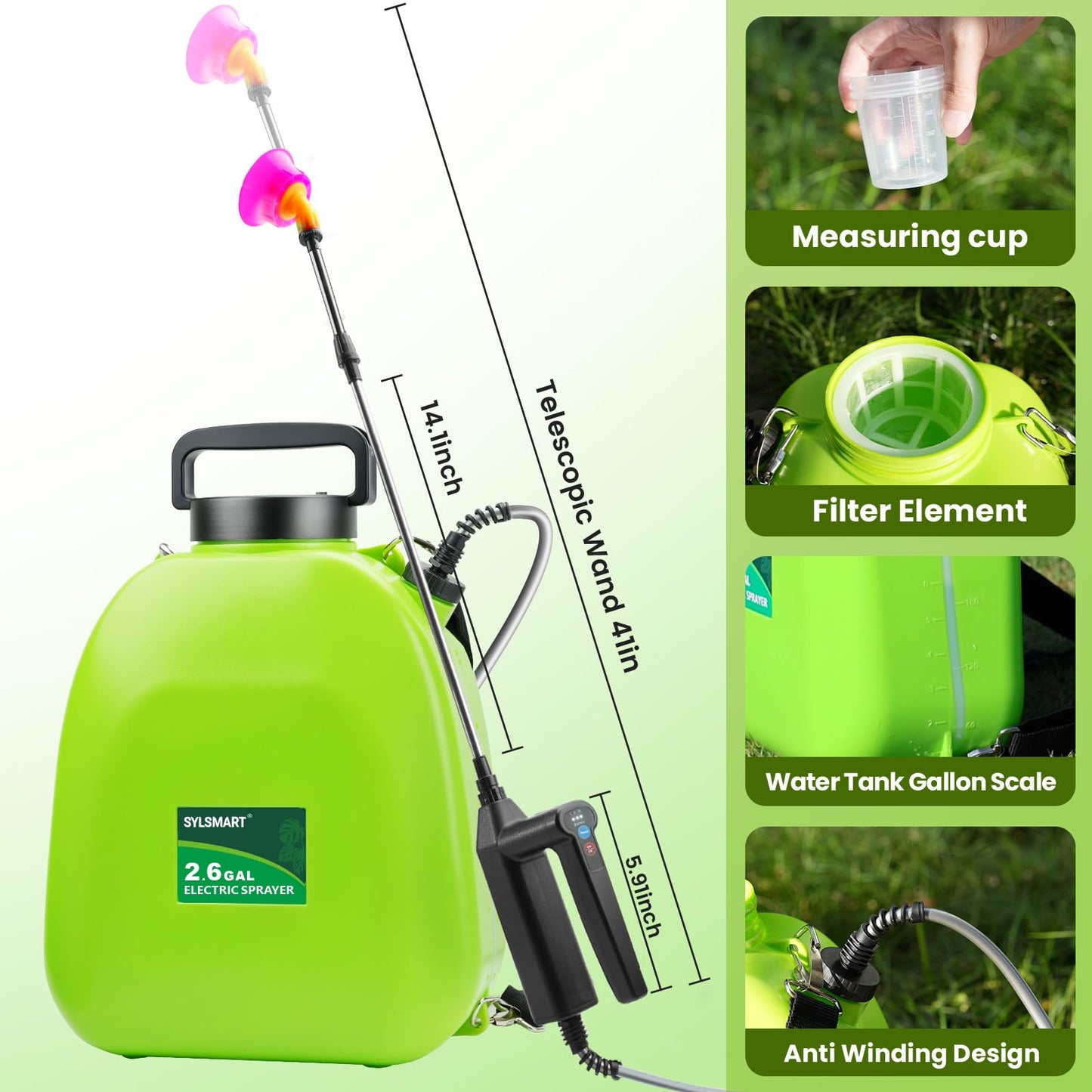 Sylsmart Battery Powered Backpack Sprayer 2.6Gallon, Electric Sprayer with 3-Adjustable Sprayings, Battery Indicator, 5 Nozzles, 41" Retractable Wand, Rechargeable Garden Sprayer for Weed, Lawn&Yard