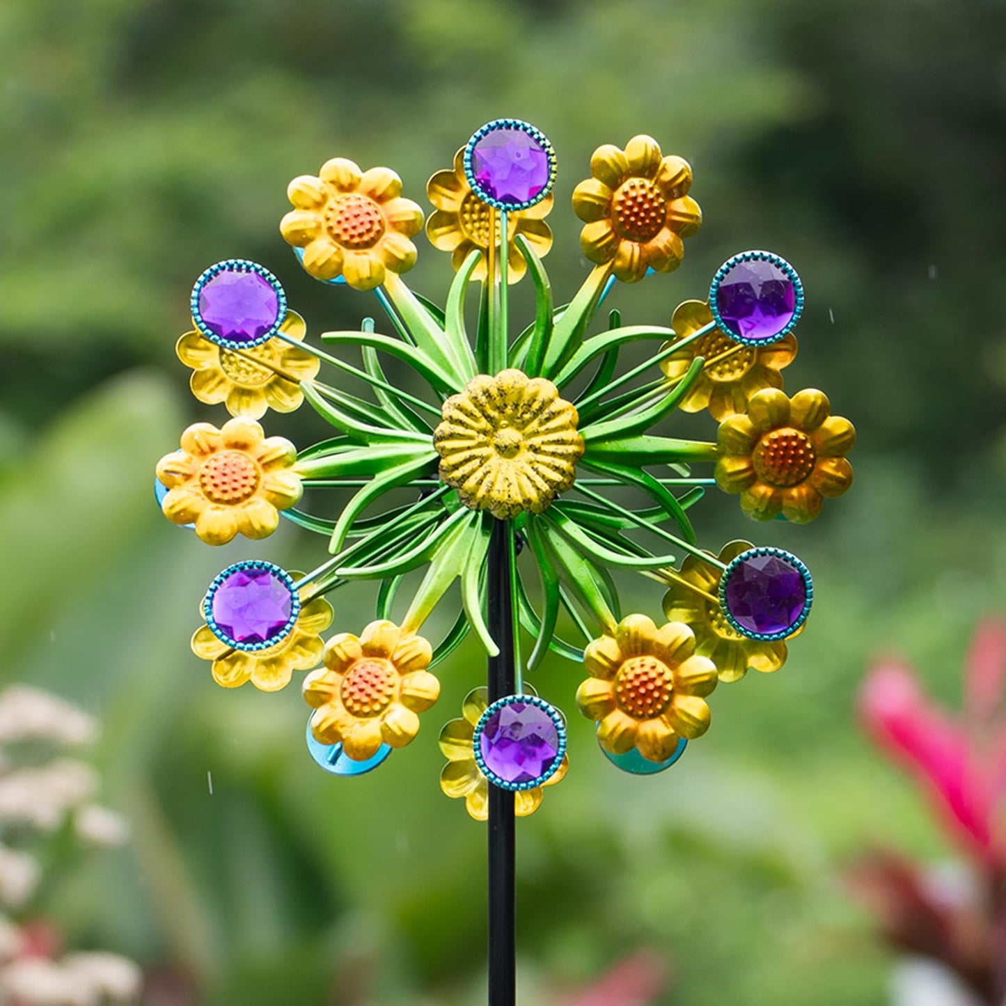 Wind Spinner, Metal Yellow florets and Purple Jewelry 44.25 inch Outdoor Metal Wind Spinners for Patio,Lawn,Garden,Creative Gifts for Women, Double Windmill with Stable Stake