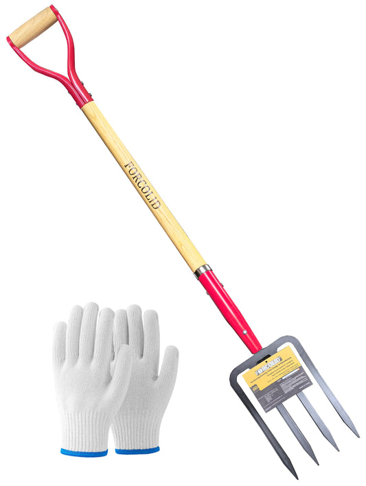 FORCOLID Garden Fork, 4-Tine Spading Digging Fork, Pitch Fork-45Inch, Forged Steel Y-Grip, Wood Handel-Red