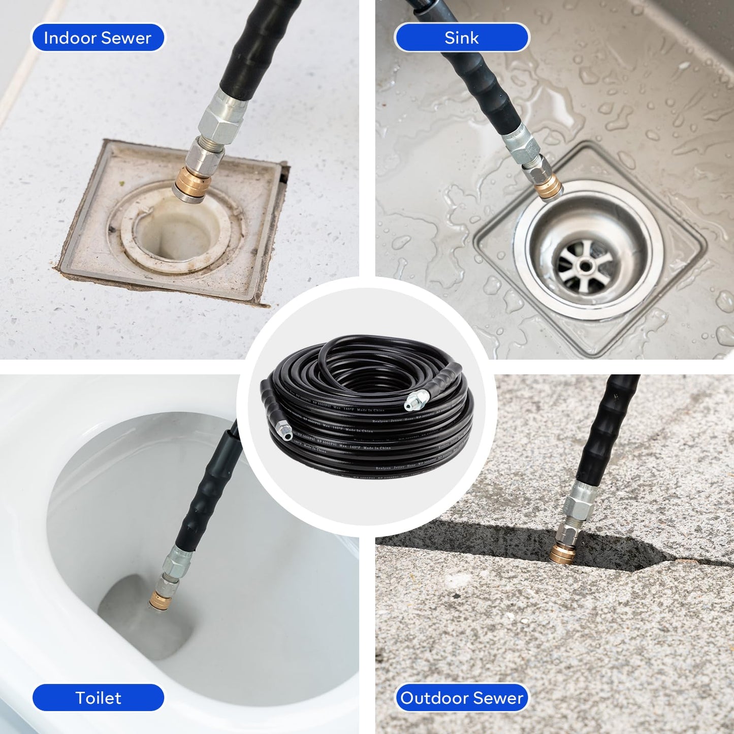Sewer Jetter Kit 50FT for Pressure Washer, Pressure Washer Drain Jetter with 5800PSI Cleaner Hose 1/4 Inch NPT, Corner, Rotating & Button Nose Sewer Jetting Nozzle Spanner Waterproof Tape Pearl Pin