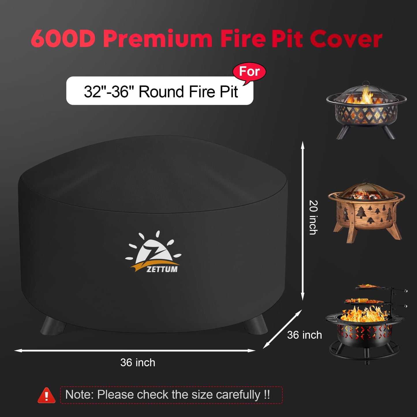 Zettum Fire Pit Cover Round 36 Inch - Outdoor Firepit Cover Heavy Duty & Waterproof, 600D Patio Fire Table Cover Gas Fire Pit Accessories Fade & Weather Resistant - 36 x 36 x 20 Inch