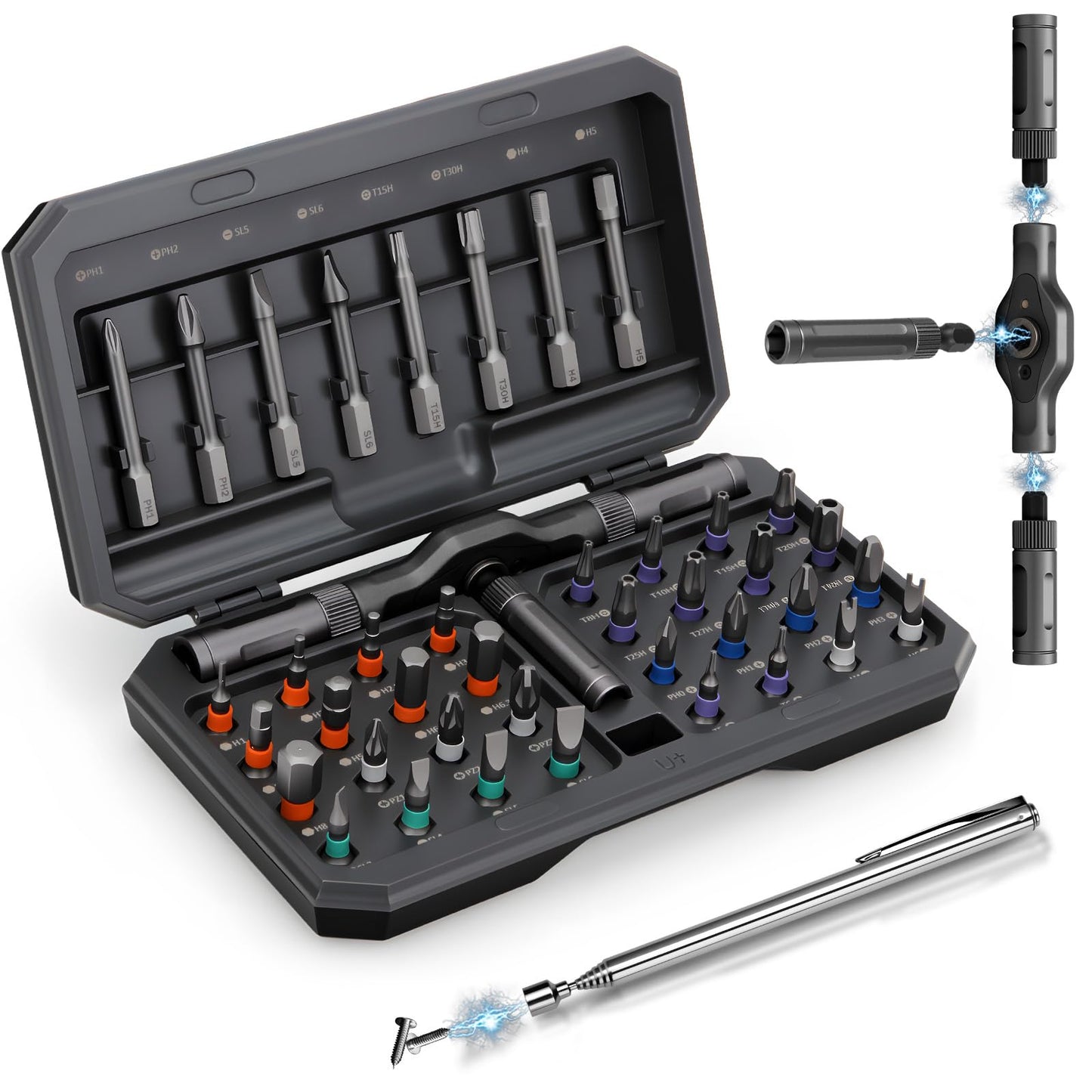 KLUCZ Magnetic Screwdriver Set, 42 in 1 T Handle Ratchet Screwdriver with S2 Steel Multi Bits, Portable Compact Repair Tool Kit with a Magnetic Pickup Tool for DIY, Furniture, Home Daily Repair (Grey)