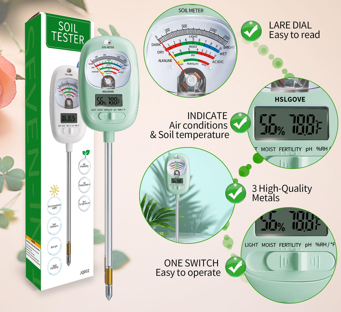 HSLGOVE Soil Test Kit, 7-in-One Soil Moisture Meter/Soil PH Meter/Fertility, Dual Screen Soil Tester w/Digital Soil Temp/Air Temp&Humidity for Plants Gardening,Lawn,Farm Indoor&Outdoor-Mint Green