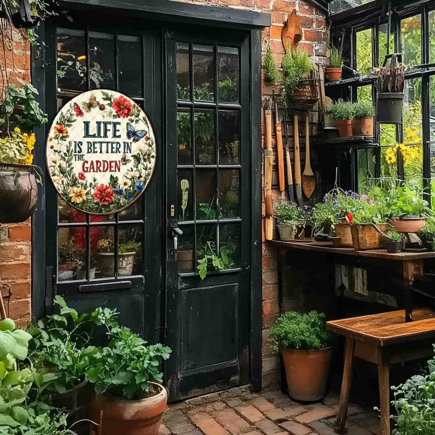 KIYOYO Funny Garden Sign Life Is Better In The Garden Wall Decor Home Patio Backyard Patio Porch Bathroom Bedroom Coffee Office Decor Round Sign 12x12 Inch