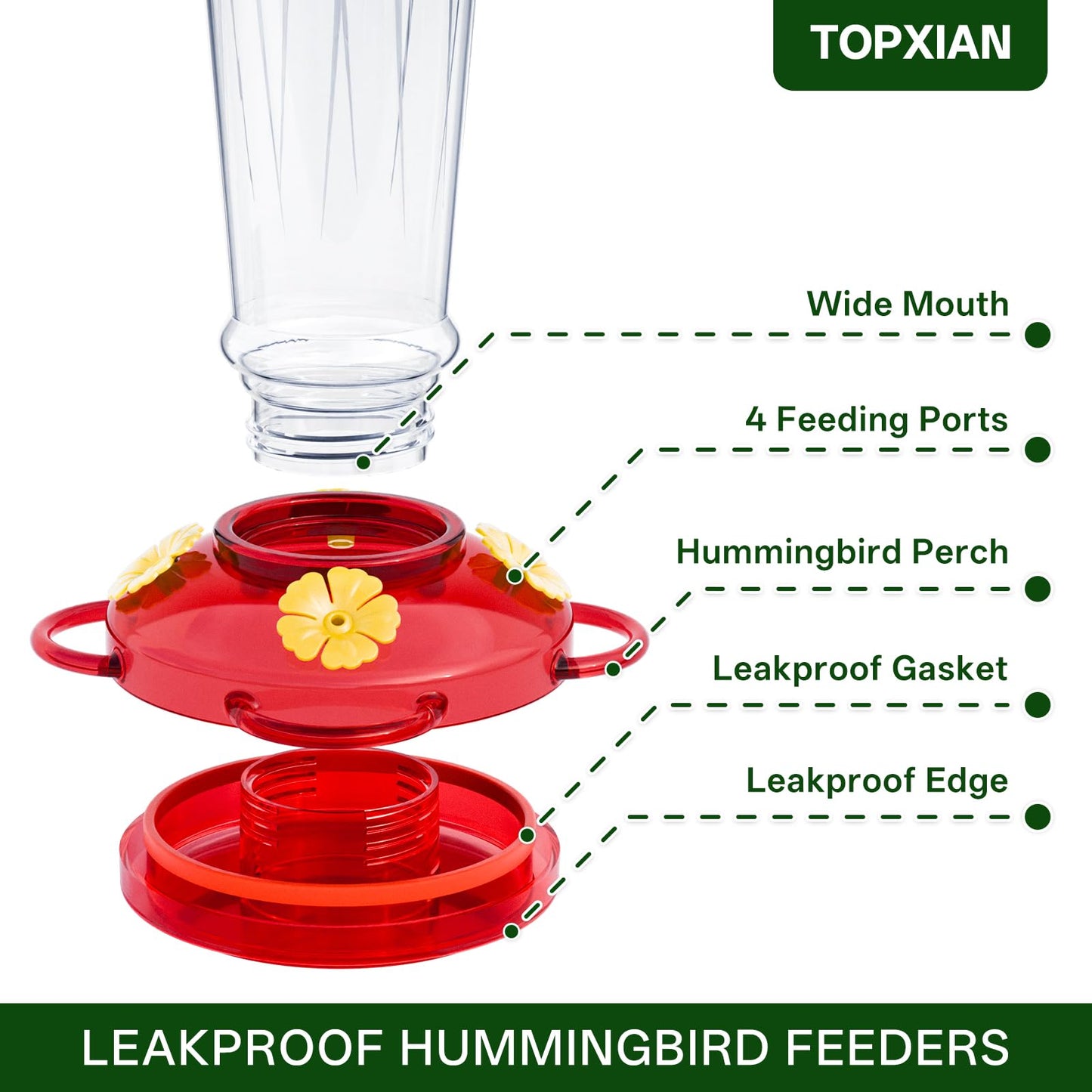 TOP XIAN Plastic Hummingbird Feeder, 2-Pack 14 OZ Ant & Bee Proof Hummingbird Feeders for Outdoors Hanging, Leak-Proof Nectar Feeders with 4 Feeding Ports and Perches, Gifts for Mom, Birdlovers