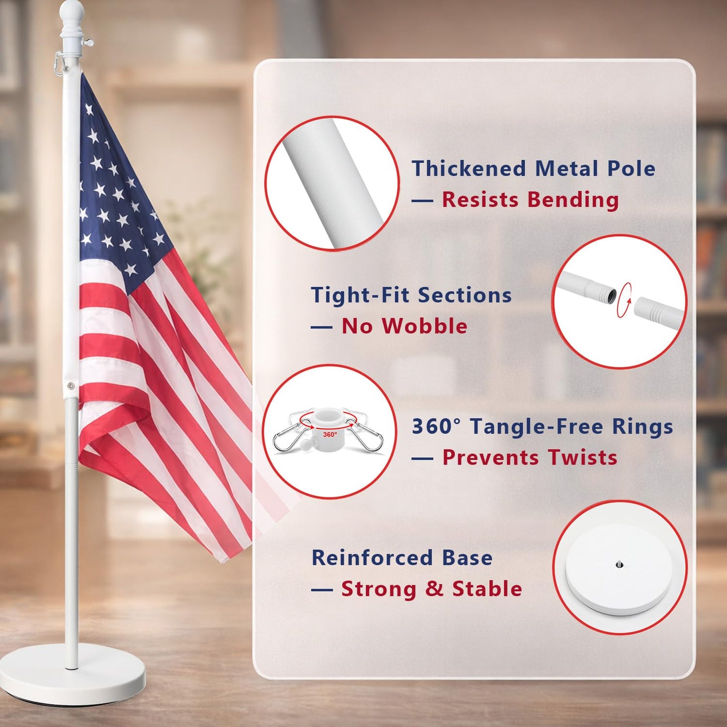 Flag Stand Indoor - 1" Heavy Duty Metal Flag Pole Set with Base,6-8ft Adjustable,Portable & Free Standing For Office,Meeting Room,Classroom,Entry Area,Outdoor Porch Deck (White)