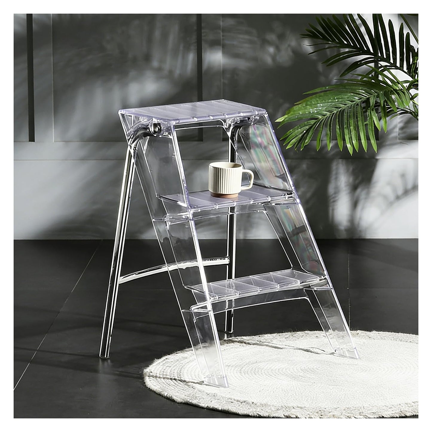Acrylic Folding Step Stool for Adults,Portable 3 Step Ladder with Anti-Slip Steps, No Assembly 350lbs Capacity Foot Stool, Modern Decorative Display Rack, Plant Stand, Photography Props