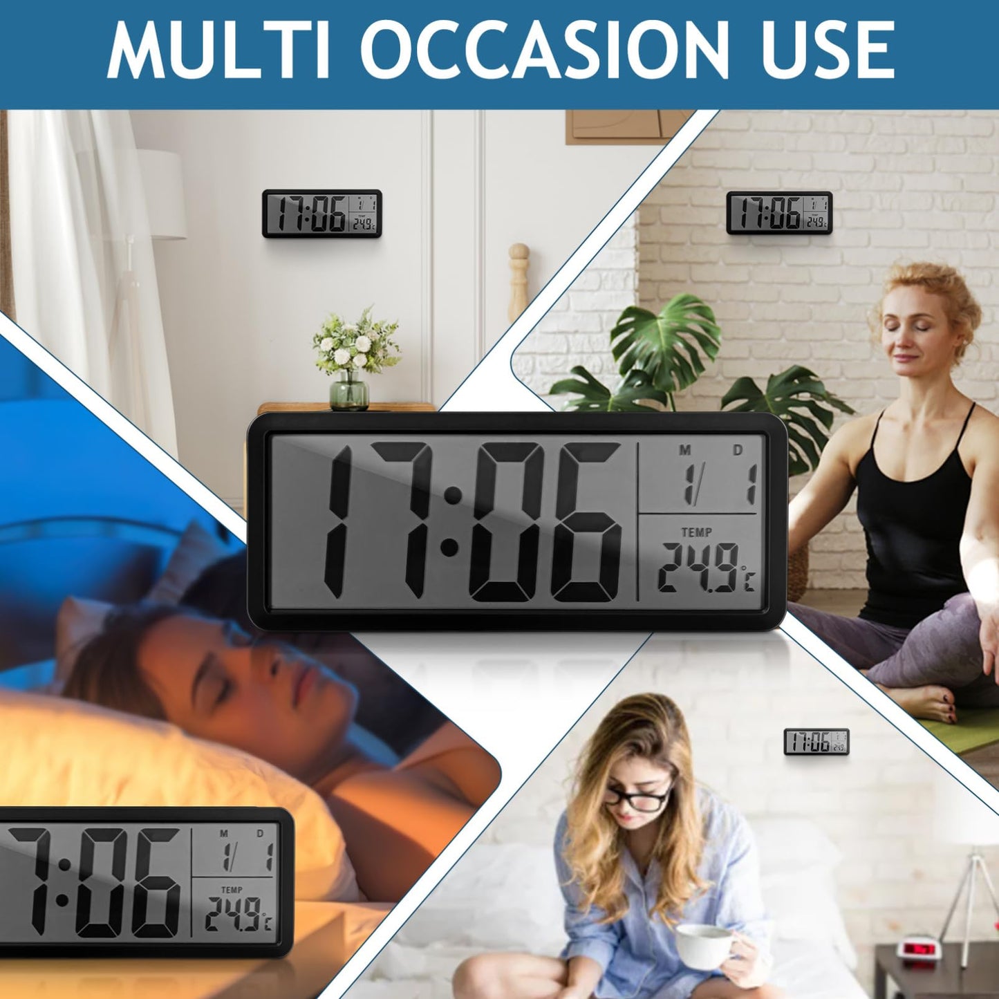 Cabilock Digital Wall Clock Battery Operated: Wall-Mounted LCD Display Clocks with Date Temperature, 12/24hr Silent Bedside Clock for Office Home Living Room Bedroom Kitchen