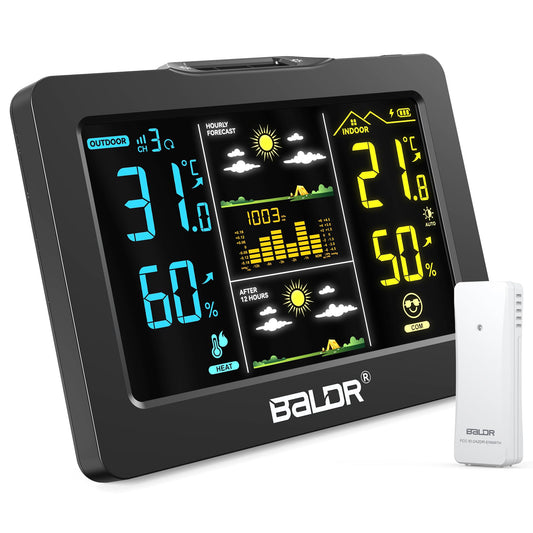 Wireless Weather Station with Outdoor Sensor, Indoor Outdoor Thermometer Hygrometer, HD Color Display, Smart Backlight, Rechargeable Battery Temperature Humidity Monitor