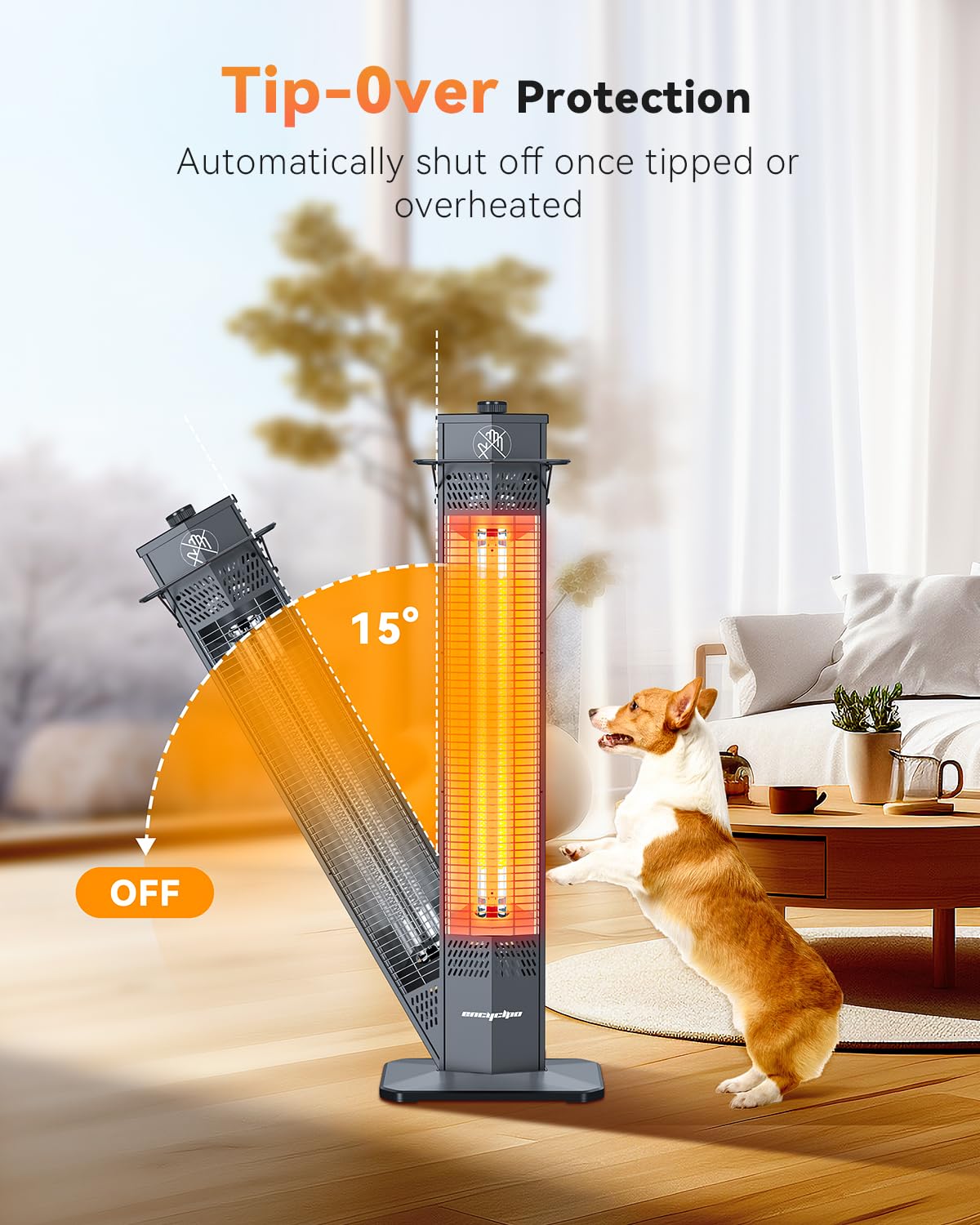 Encyclpo Patio Heater for Outdoor Use,1500W Infrared, 36 in Portable Tower Heater, 3 Levels, IPX5 Waterproof, Tip-Over&Overheat Protection for Garage, Indoor, Large Room, Backyard, Home