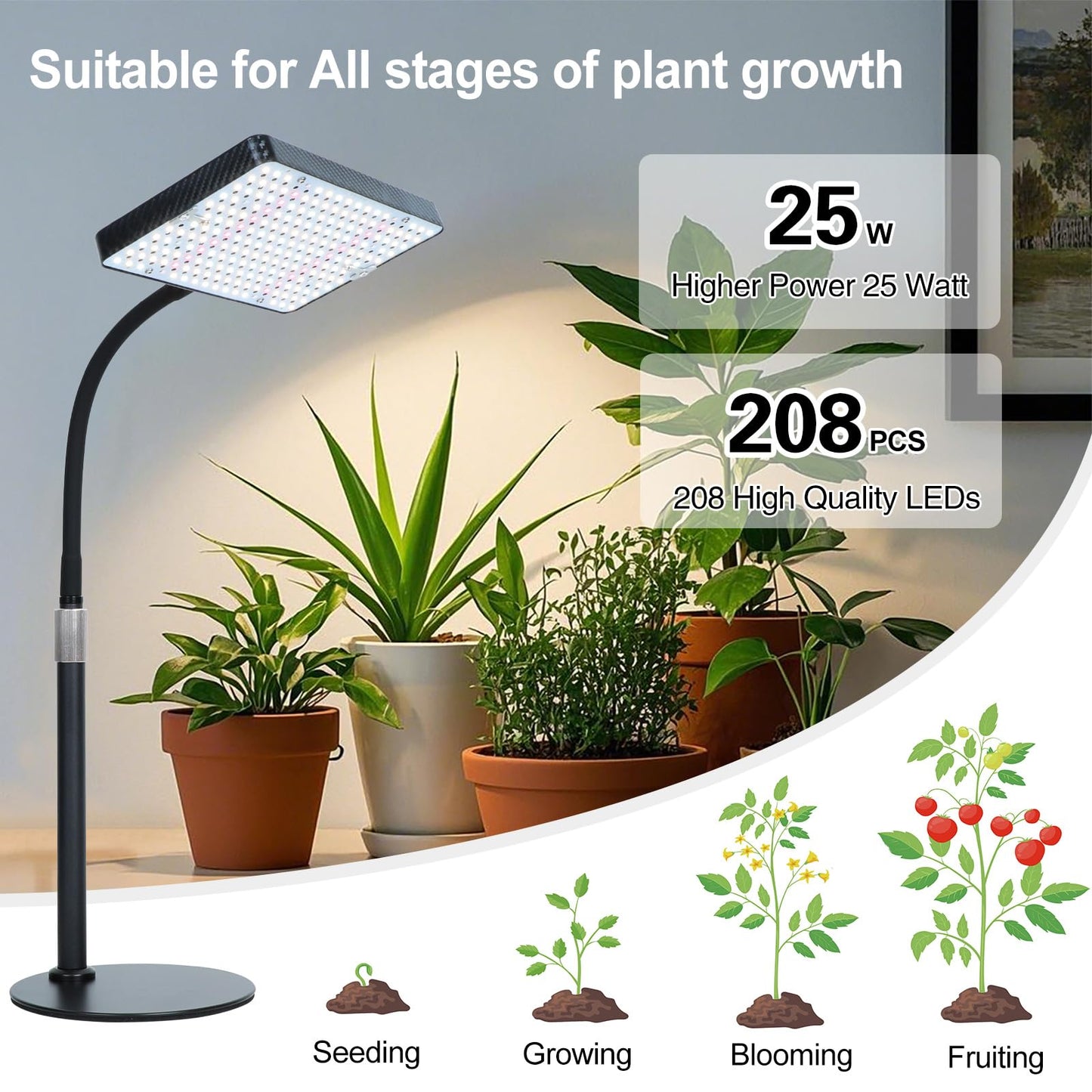 Orchbloom Tabletop Grow Lights for Indoor Plants 25 Watt, Bright Natural Sunlight Full Spectrum Plant Growing Lamps for Houseplants & Bonsai, 4/8/12/16/20H Timer Plant Light Auto On/Off Everyday
