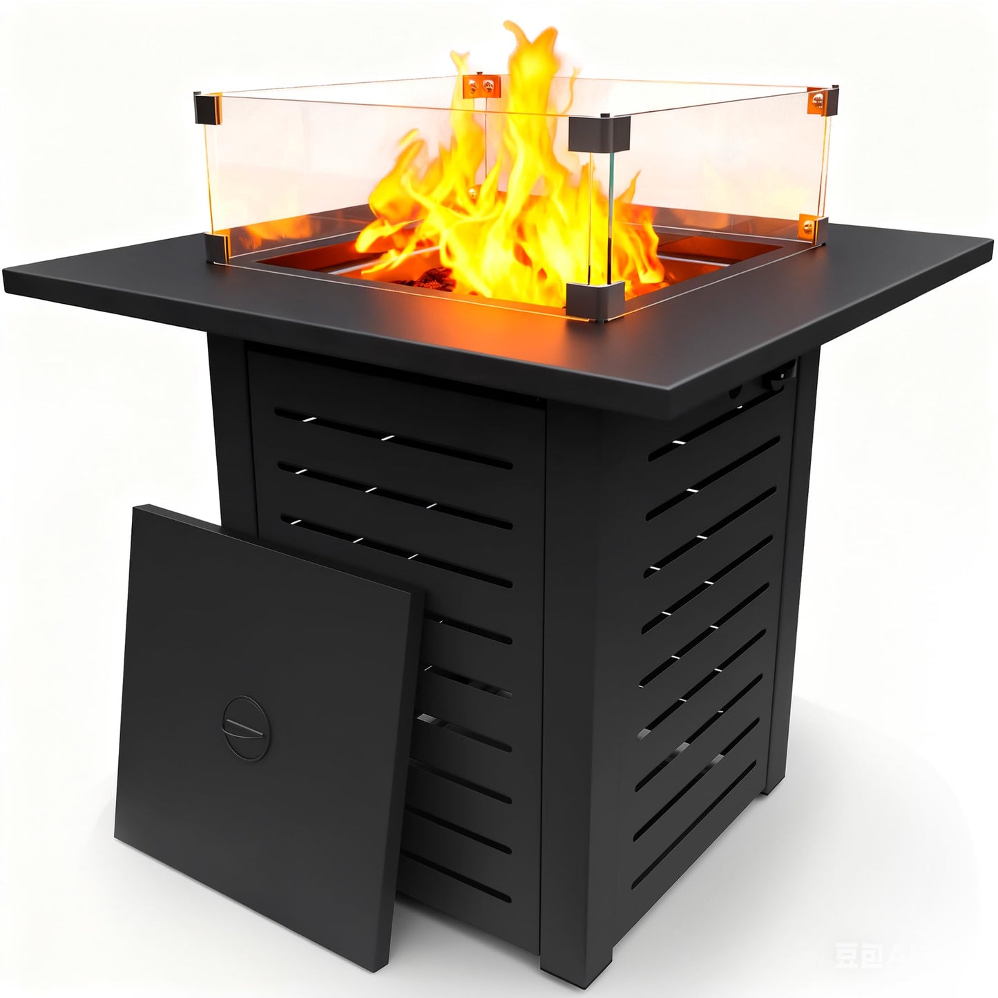 28'' Propane Fire Pit Table, 50,000 BTU Steel Gas Firepit for Outdoor Patio Deck and Garden, CSA Certified Fire Pit with Lid, Waterproof Cover, Glass Wind Guard and Lava Rock, Black