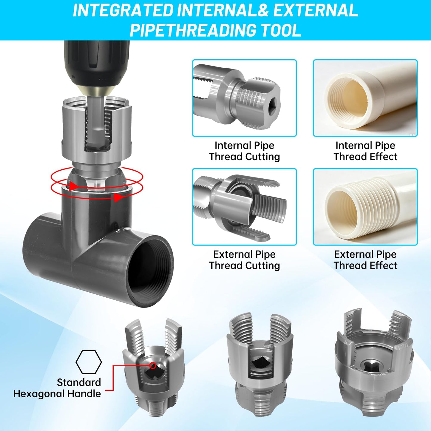 3pcs Pvc Pipe Threader Kit,Dual-Function Integrated Internal & External Pipe Threading Tool For 1/2" & 3/4"& 1" Pvc/Plastic Pipes,Electric Drill Compatible For Home Repair(1/2"+3/4"+1")