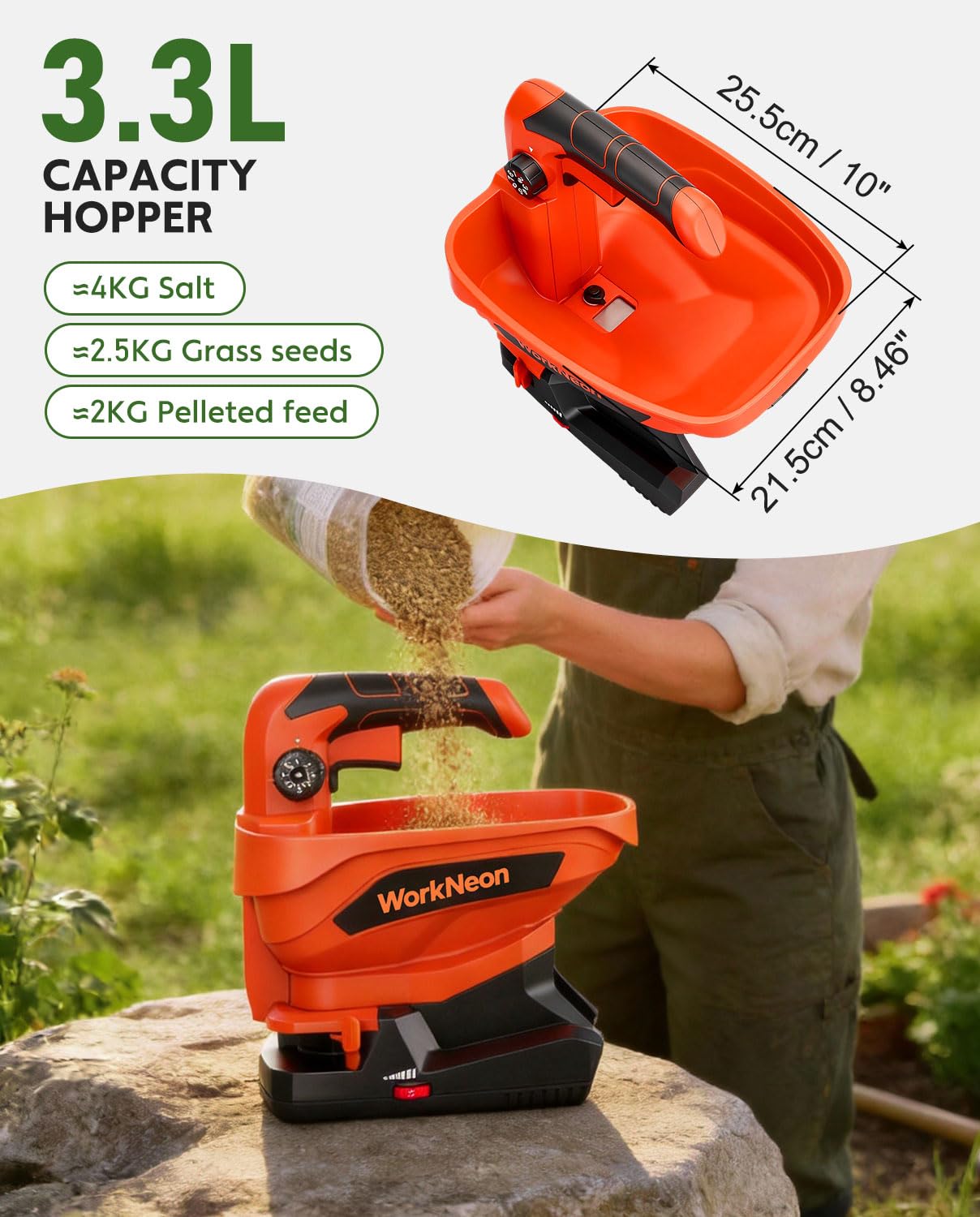 WorkNeon Battery Powered Seed Spreader, Handheld Power Spreader for Lawns, Rechargeable 7.2V Grass Spreader with 8-Level Settings and 3.3L Large Capacity for Snow, Rock Salt, Lawn, Garden