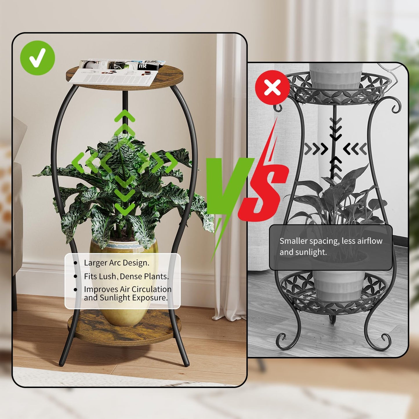 VYUOL Plant Stand Indoor, 2 Tier Round Tall Plant Stand, Flower Pot Stand, Plant Shelf Rack, Corner Plant Stand for Planter Garden Balcony Patio Living Room, Retro