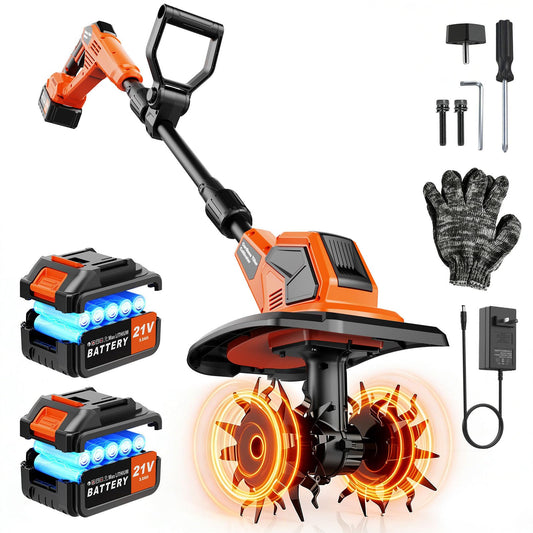 20V Cordlees Tiller Cultivator for Gardening, 400RPM Brushless Electric Garden Tiller Battery Powered((2*3.0Ah Battery&Charger), 9.5"Width 7"Depth, Garden Rototiller for Yard/Lawn/Soil Tiller (Orange)
