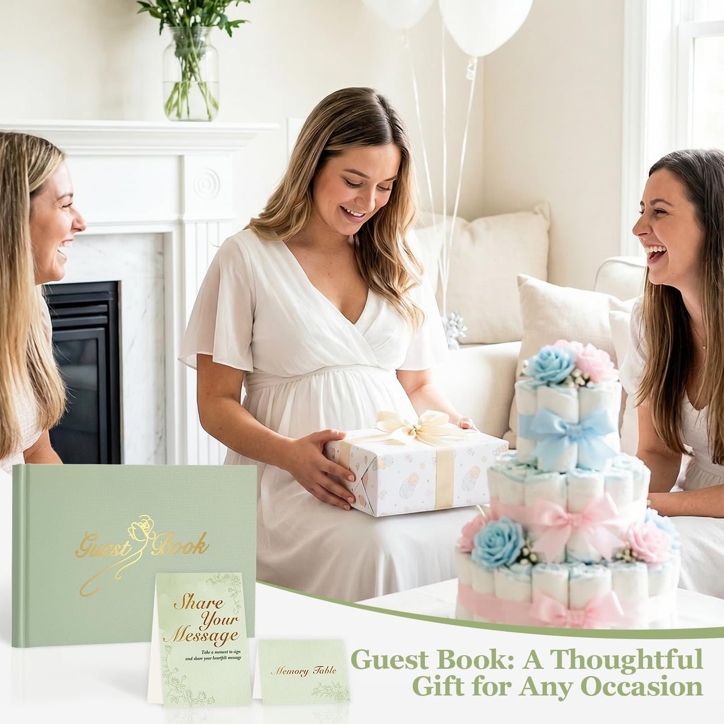 Guest Book for All Occasions – Sage Green Linen Hardcover with Gold Foil, 120 Acid-Free Blank Pages, Includes Table Sign & Welcome Card | 8.66x6.69" Sign-In Book for Wedding, Garden Party & More