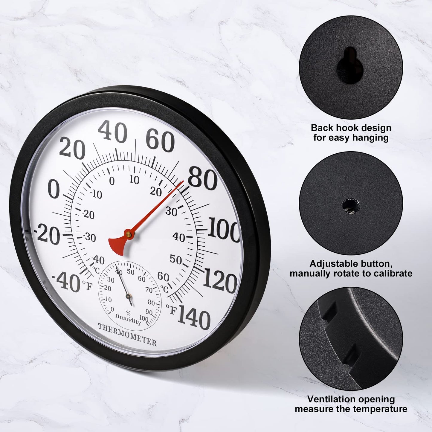 10.5 Inch Indoor Outdoor Thermometer Large Numbers - Weather Thermometer Hygrometer Waterproof, No Battery Needed Outdoor Thermometers for Patio, Home, Garden Decoration (Black)