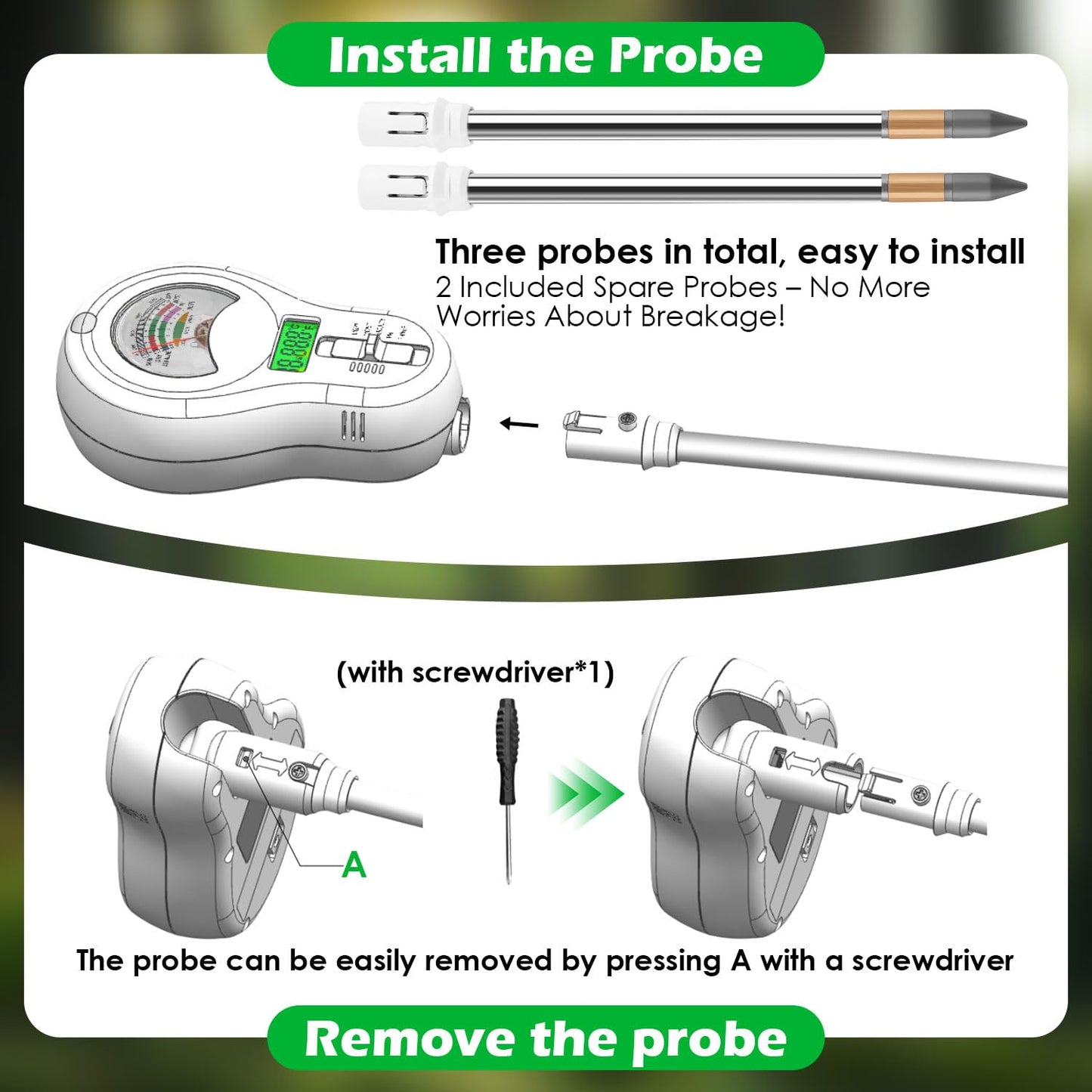 peccera 6-in-1 Soil Test Kit with 3 Replaceable Probes, Soil Tester for Gardening, Plant Water Meter, Soil pH Tester for Soil Fertilizer, Sunlight & LCD Display Air Temperature Humidity Sensor