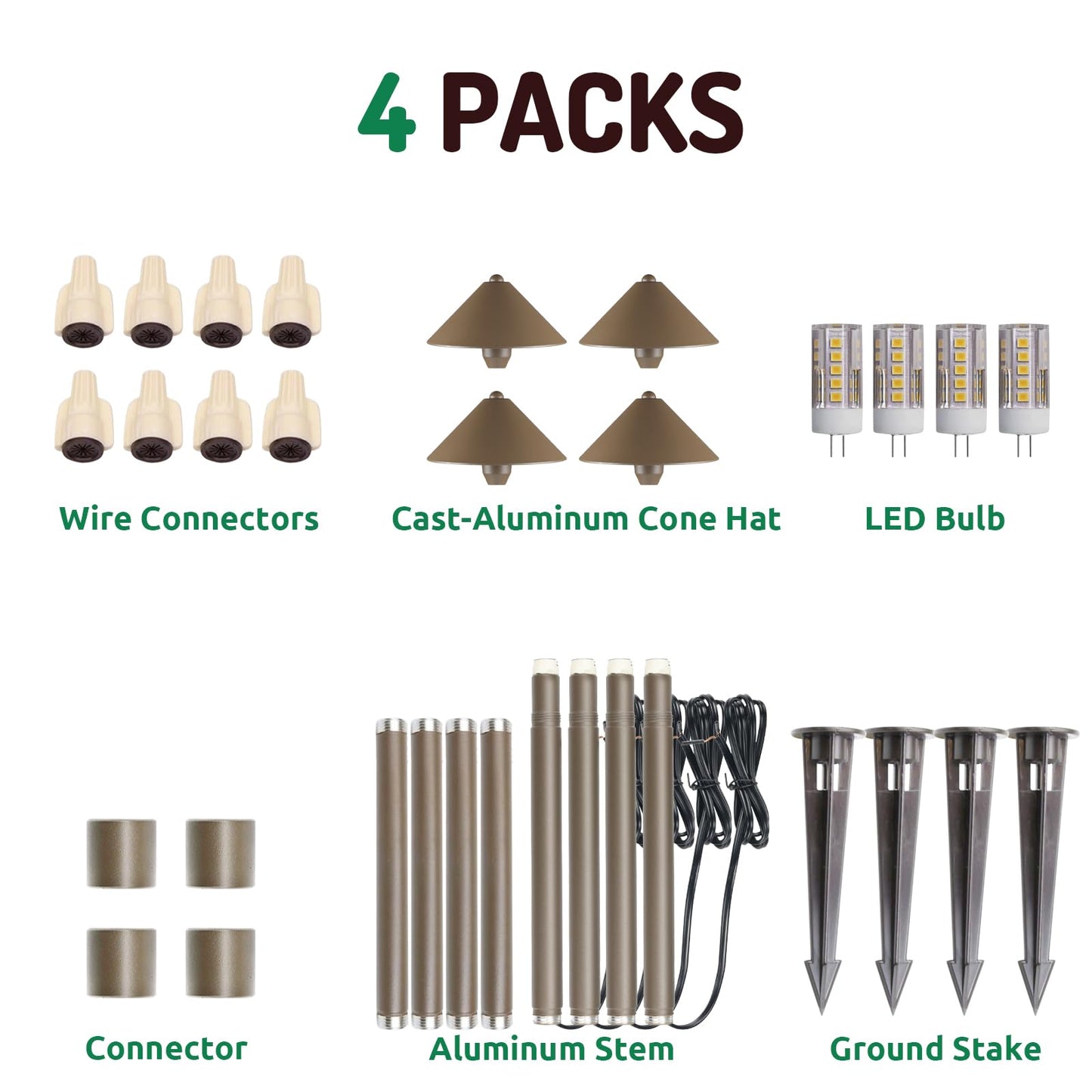 Lumina Lighting® Low Voltage Landscape Lighting Cast-Aluminum Path and Area Light Warm White 3W G4 LED Bulb and ABS Ground Stake Included for Yard Walkway Lawn PAL0105-BZLED4 (Bronze, 4-Pack)