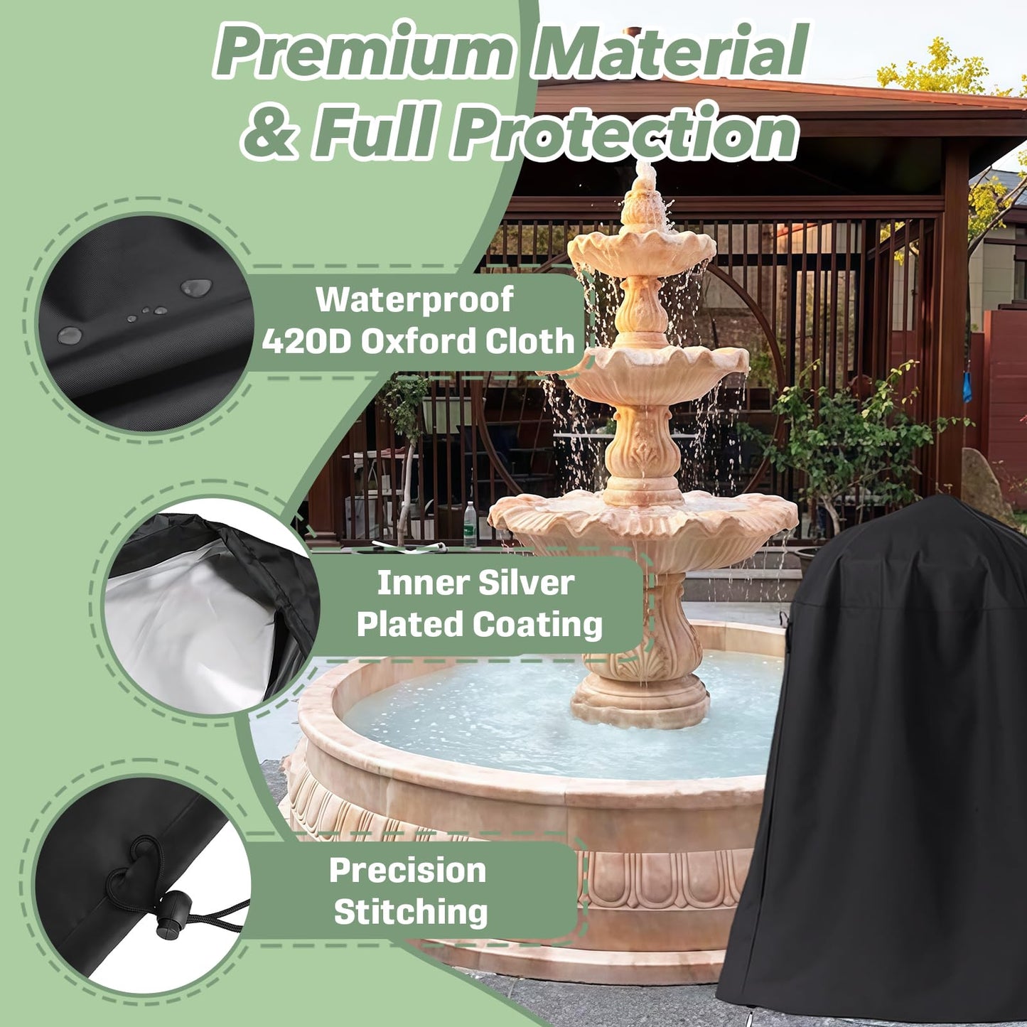 Fountain Cover 48" x 68", Heavy Duty Oxford Cloth Outdoor Fountain Protector with Adjustable Drawstring, Waterproof & Dustproof for Garden/Patio Water Fountains & Statues, Winter Protection (Black)
