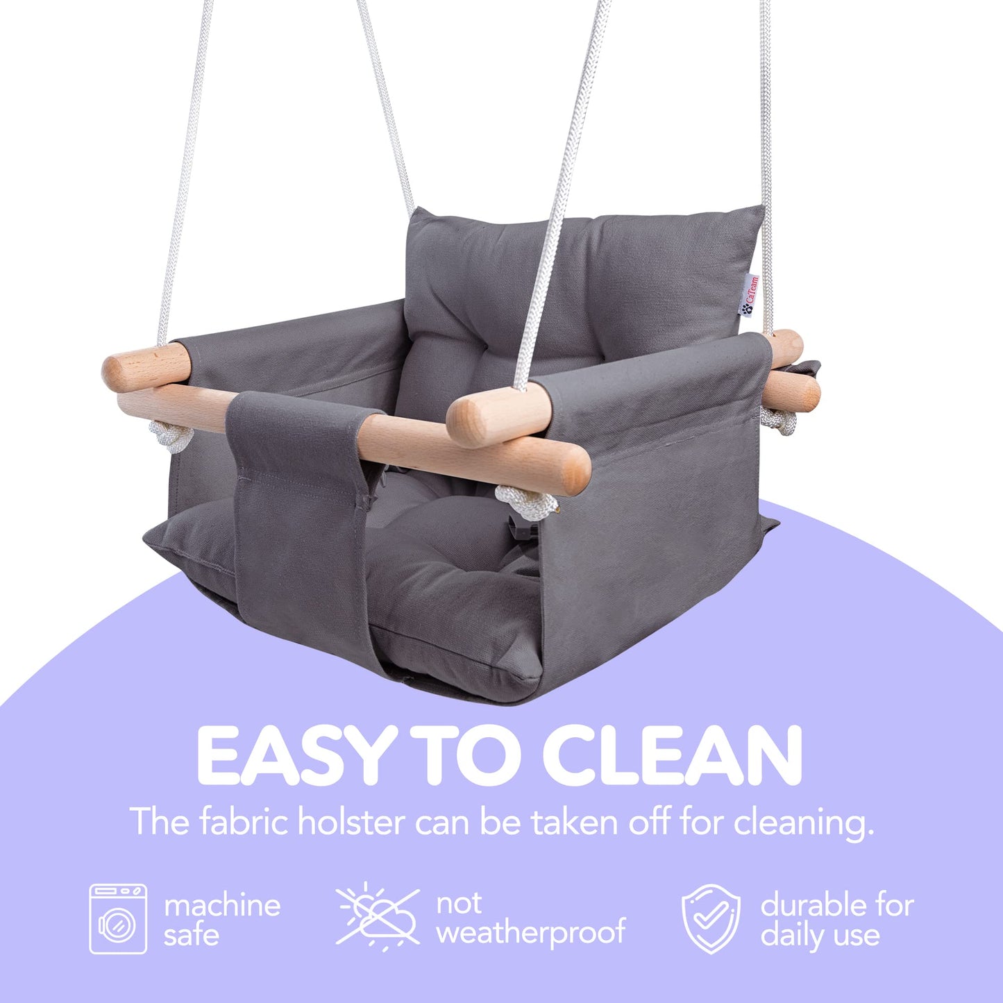 CaTeam Canvas Baby Swing Seat with 5-Point Safety Belt — Wooden Hanging Toddler Swing, Indoor & Outdoor, Ages 1-4, Ceiling Mount Hardware Included, Dark Gray