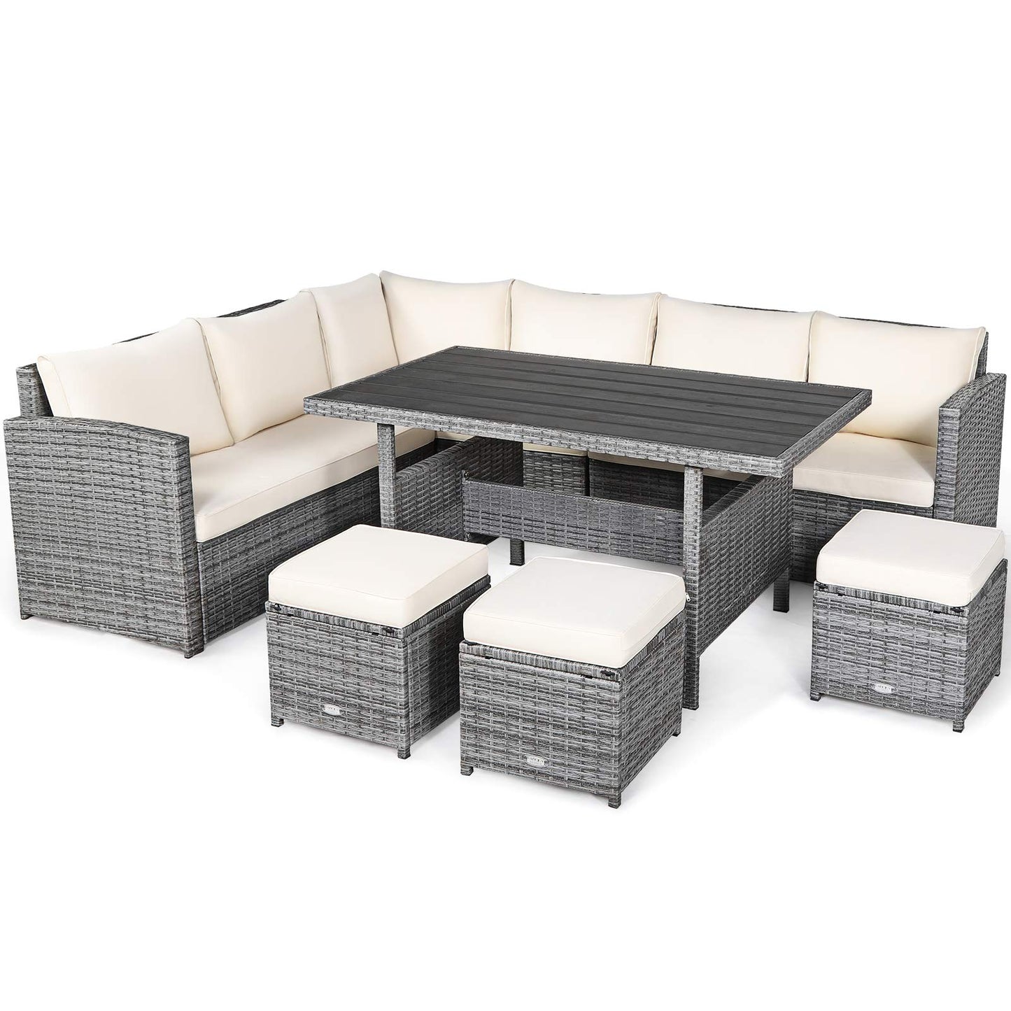 Tangkula 7 Pieces Patio Furniture Set, Outdoor Sectional Rattan Dining Sofa Set with Cushions, All Weather Wicker Conversation Couch Set with Dining Table & Ottomans for Yard Garden Poolside, White